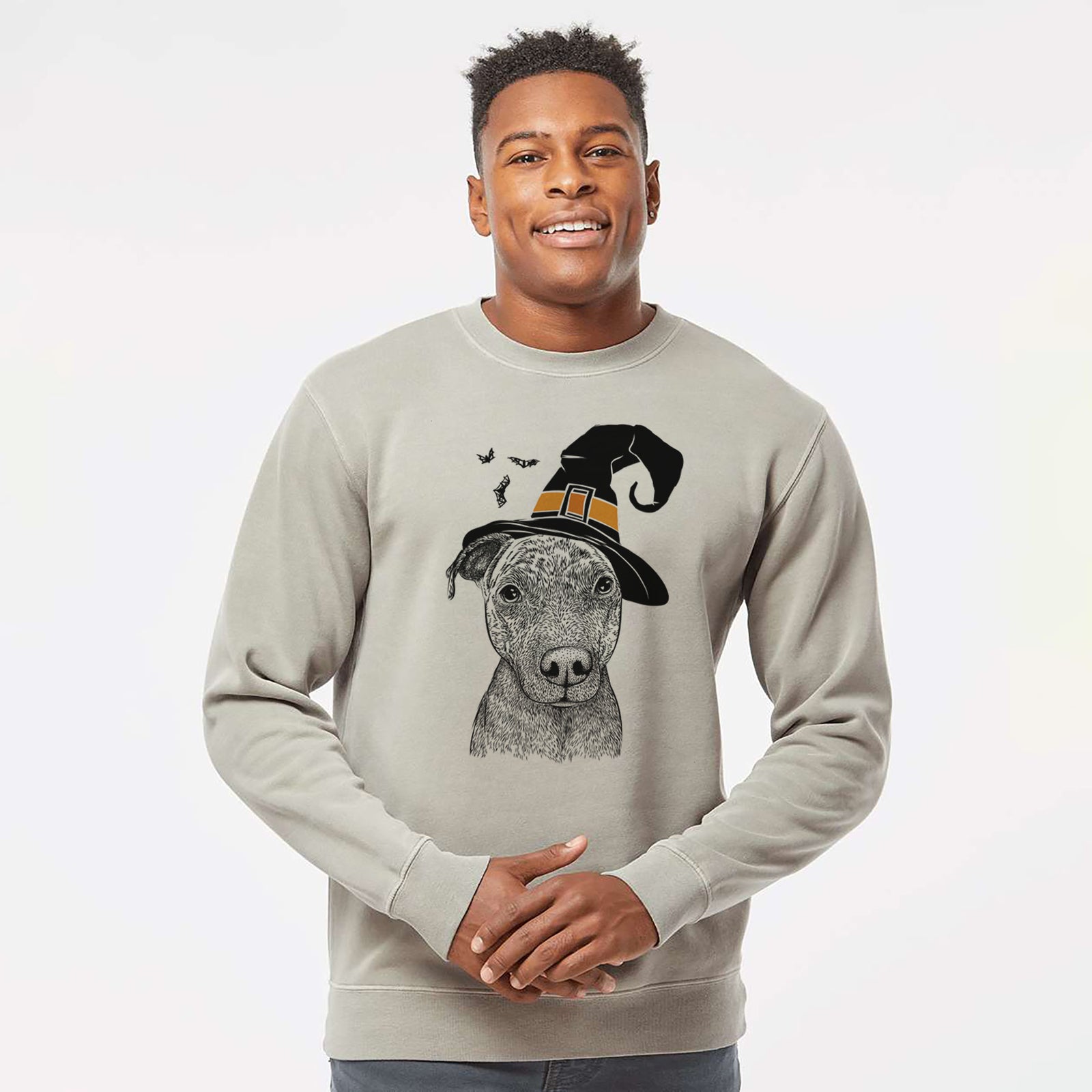 Hand-drawn sketch of Reeses the Pitbull wearing a witch hat on a Cement Unisex pigment dyed crew sweatshirt