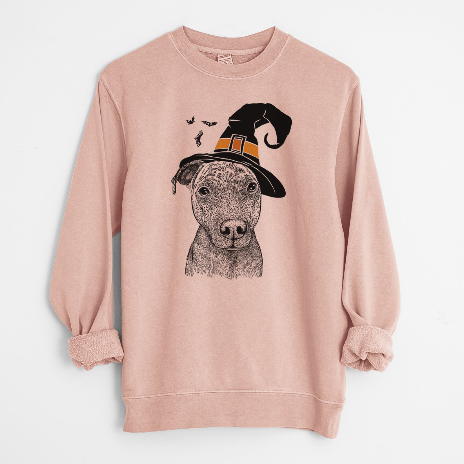 Hand-drawn sketch of Reeses the Pitbull wearing a witch hat on a Dusty Pink Unisex pigment dyed crew sweatshirt