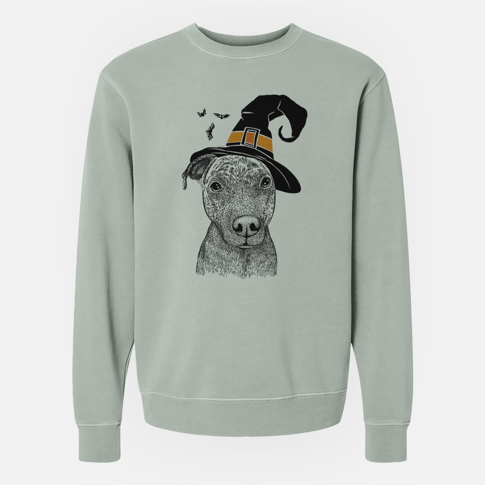 Hand-drawn sketch of Reeses the Pitbull wearing a witch hat on a Sage Unisex pigment dyed crew sweatshirt