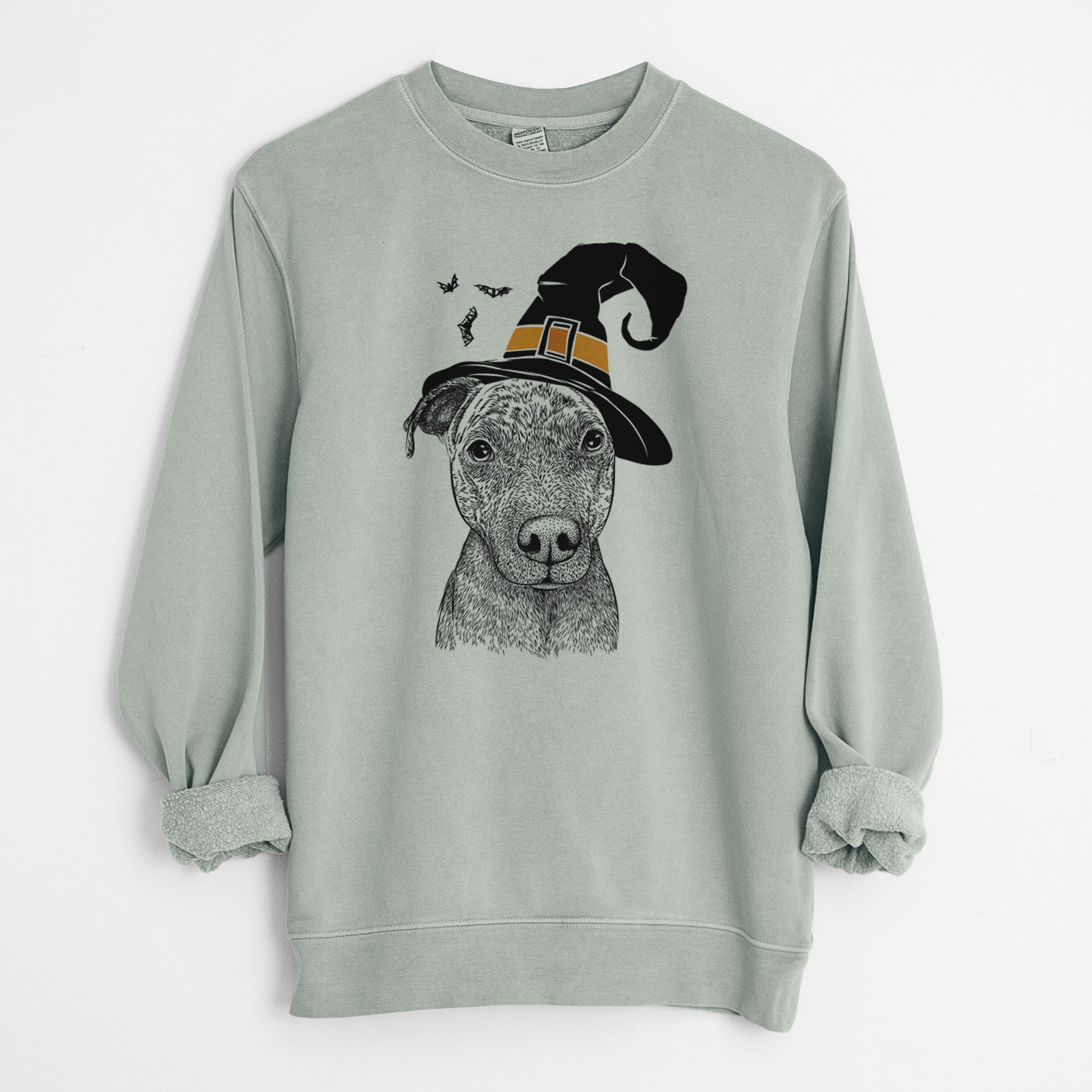 Hand-drawn sketch of Reeses the Pitbull wearing a witch hat on a Sage Unisex pigment dyed crew sweatshirt