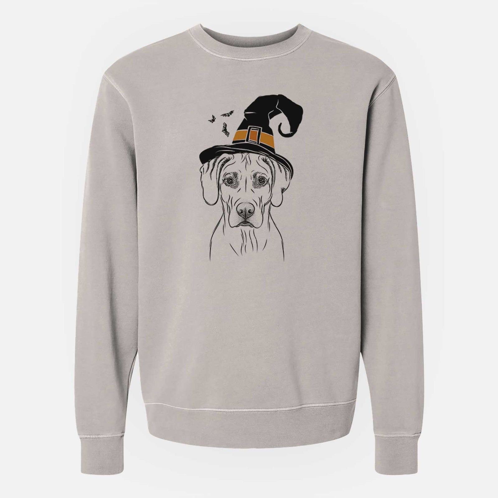 Hand-drawn sketch of Reid the Rhodesian Ridgeback wearing a witch hat on a Cement Unisex pigment dyed crew sweatshirt