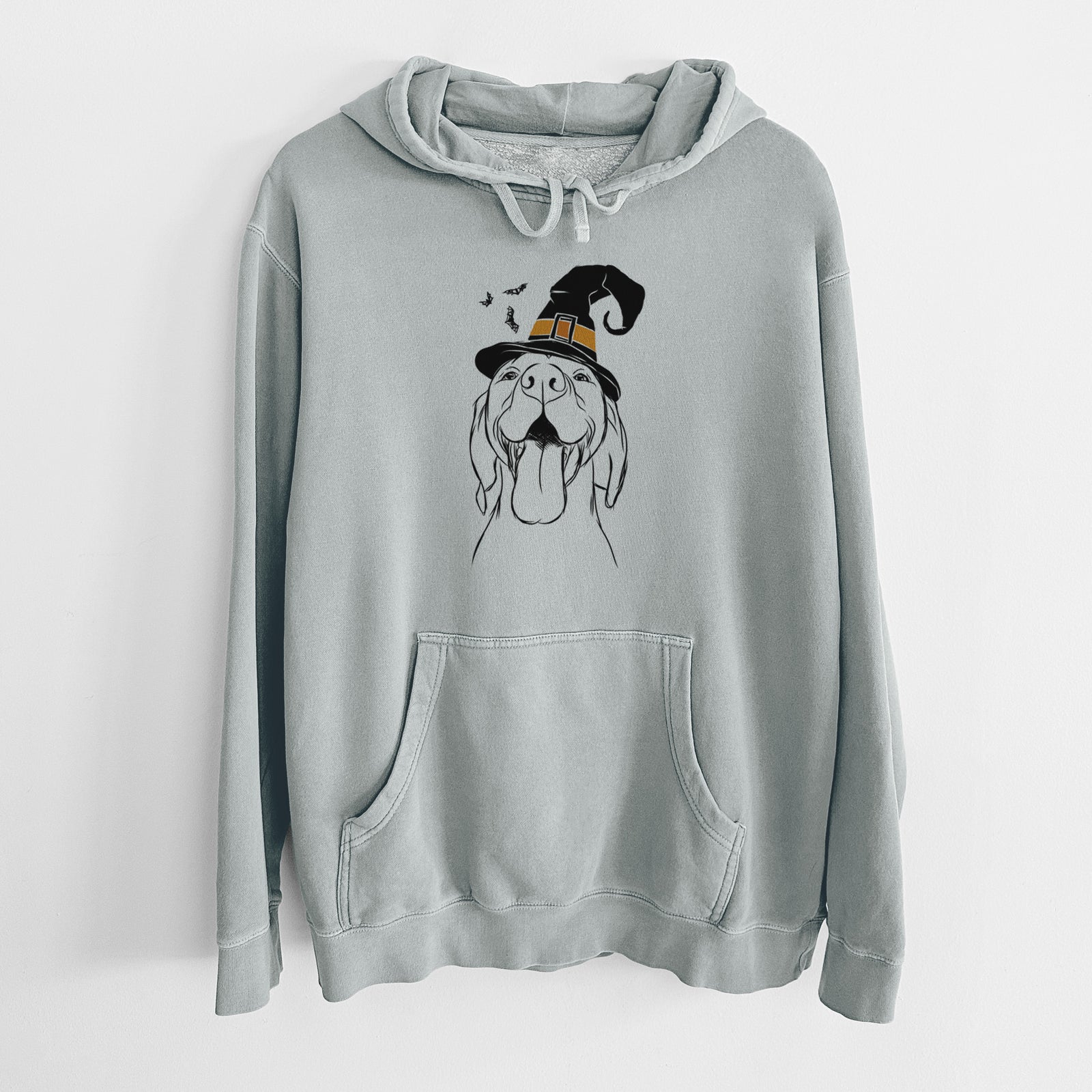 Hand-drawn sketch of Rhys the Vizsla wearing a witch hat on a Sage Unisex pigment dyed hoodie