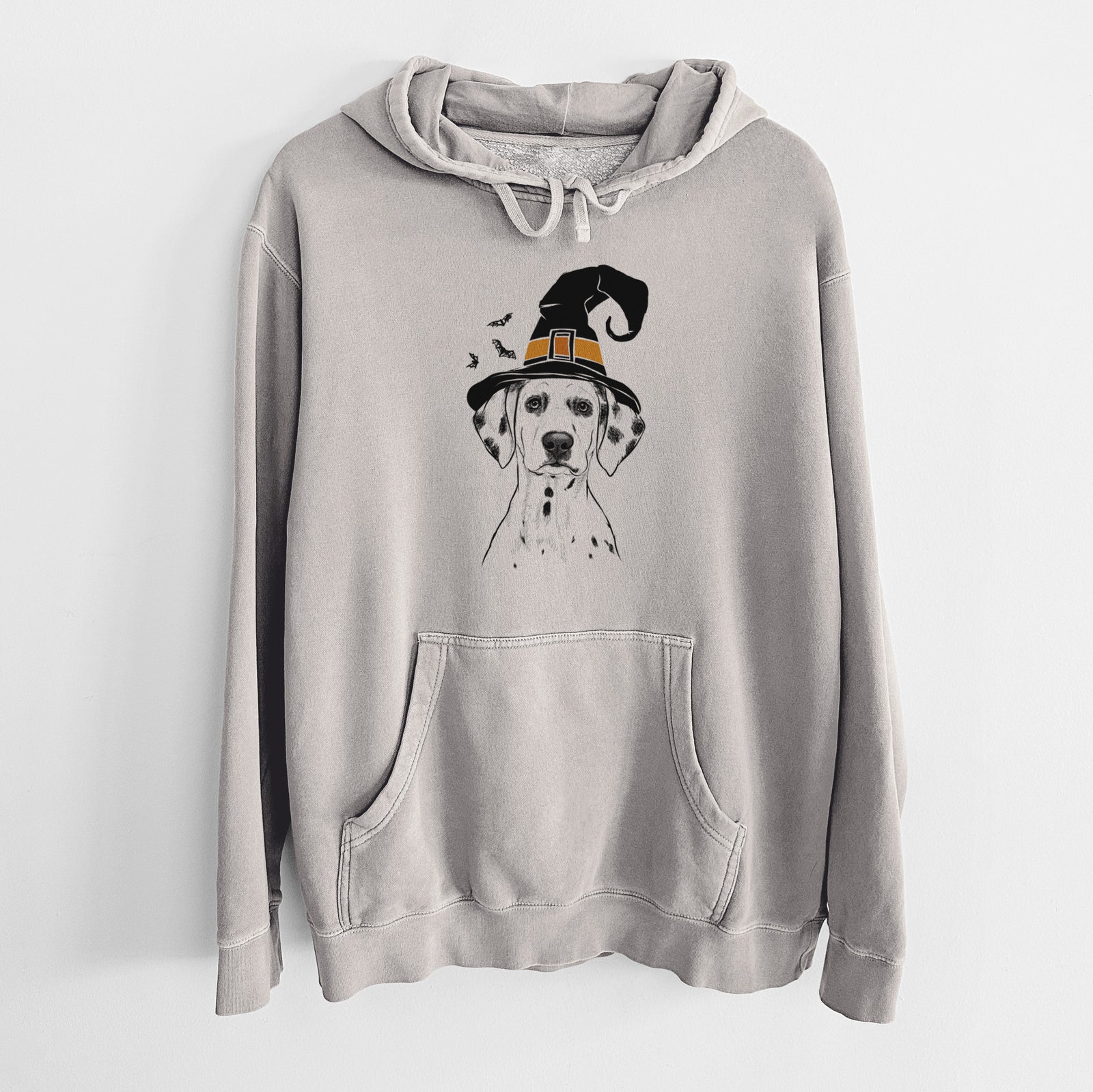 Hand-drawn sketch of Riot the Dalmatian wearing a witch hat on a Cement Unisex pigment dyed hoodie