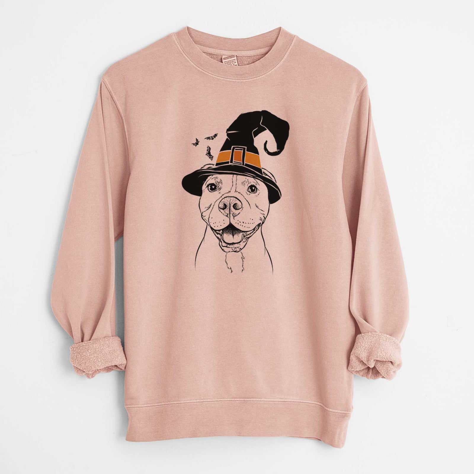 Hand-drawn sketch of Roscoe the Pitbull wearing a witch hat on a Dusty Pink Unisex pigment dyed crew sweatshirt