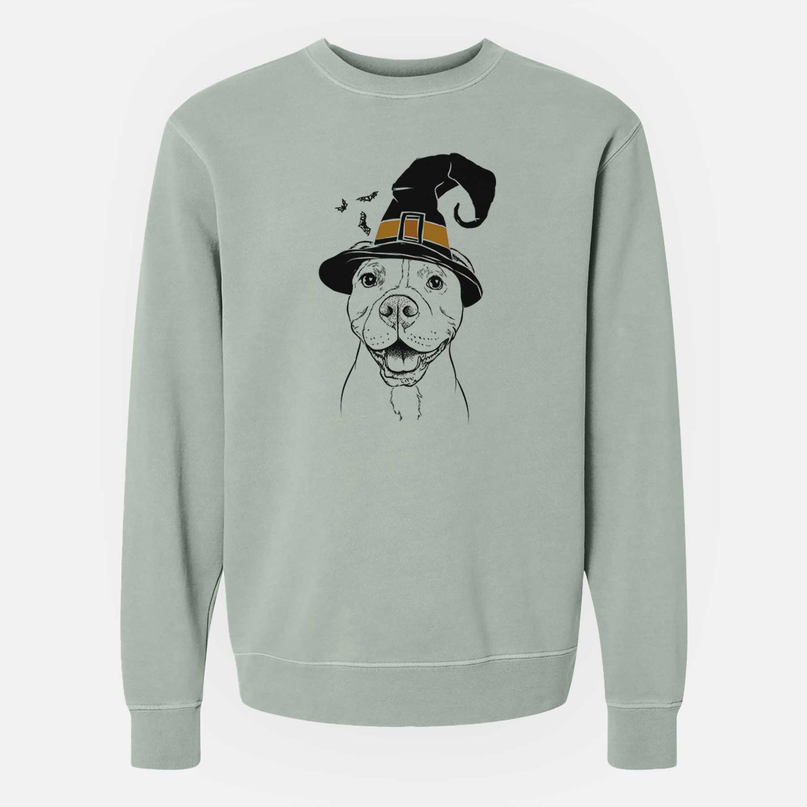 Hand-drawn sketch of Roscoe the Pitbull wearing a witch hat on a Sage Unisex pigment dyed crew sweatshirt