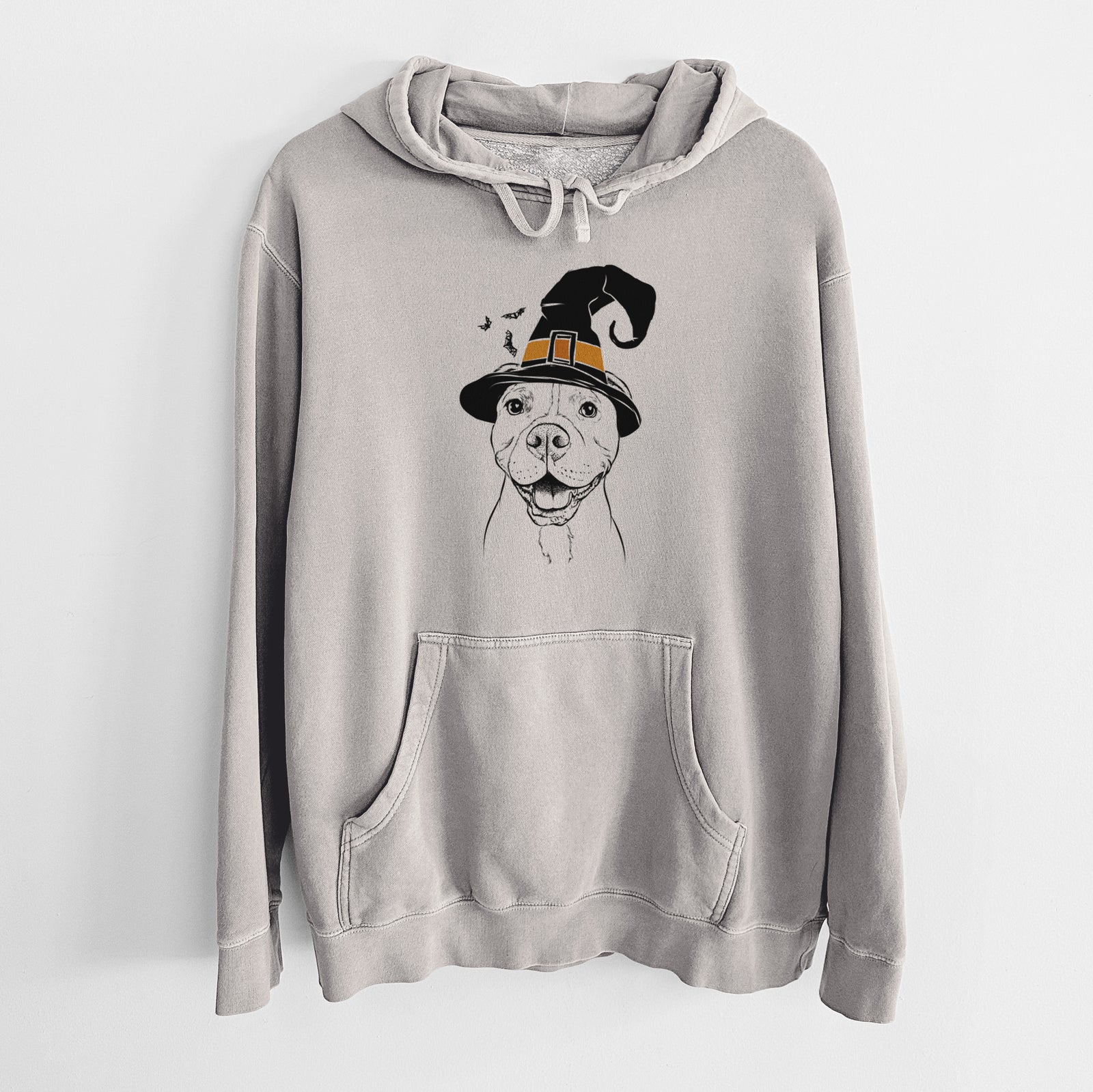 Hand-drawn sketch of Roscoe the Pitbull wearing a witch hat on a Cement Unisex pigment dyed hoodie