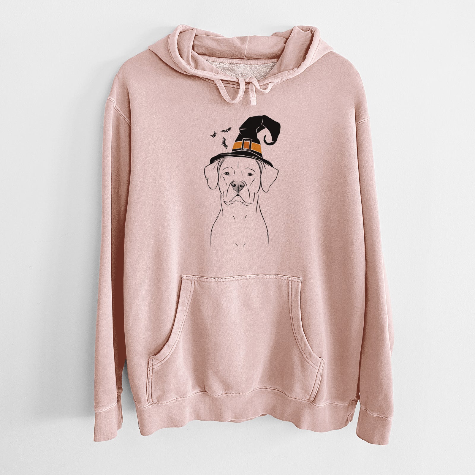 Hand-drawn sketch of Rufio the Dogo Argentino wearing a witch hat on a Dusty Pink Unisex pigment dyed hoodie