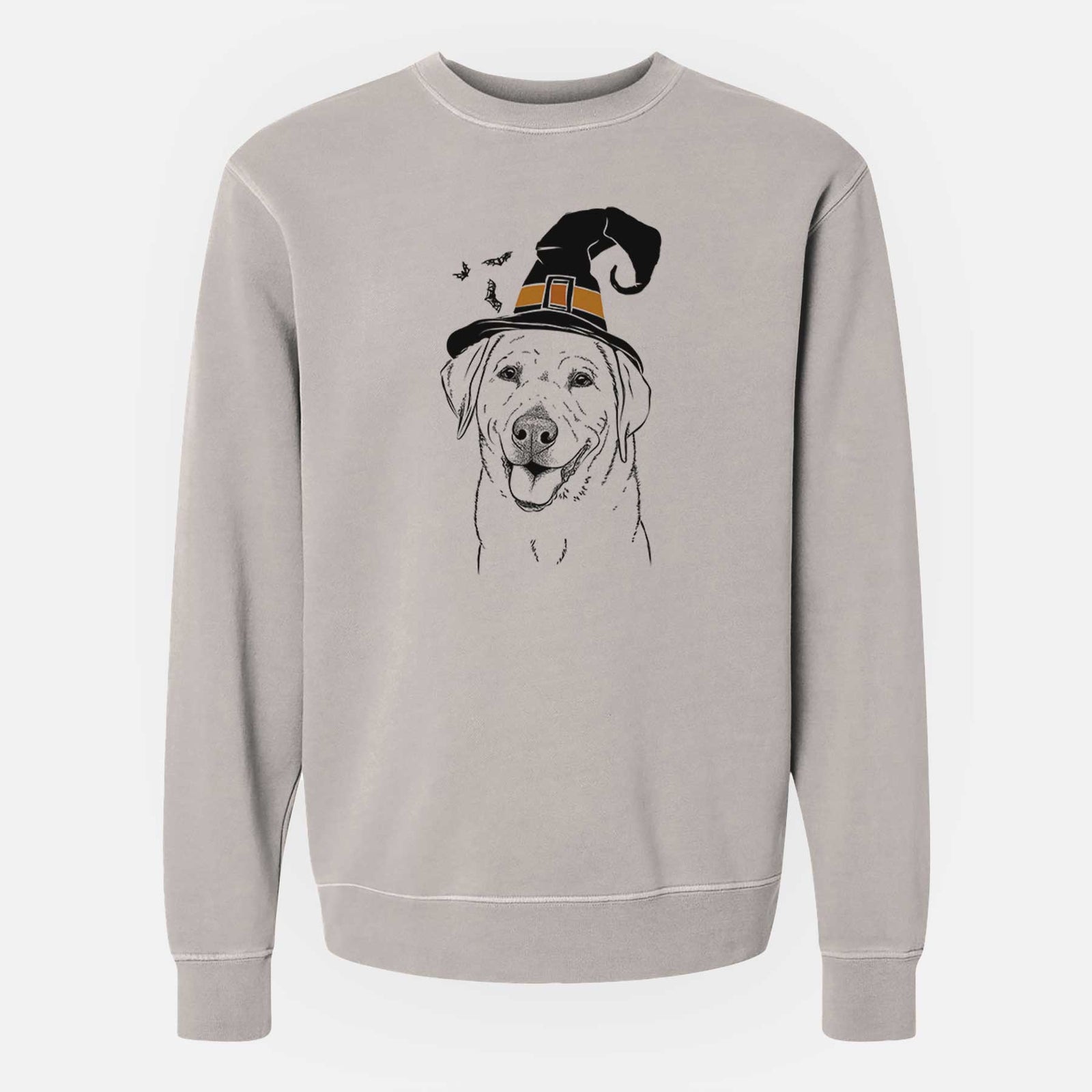 Hand-drawn sketch of Sanford the Labrador Retriever wearing a witch hat on a Cement Unisex pigment dyed crew sweatshirt
