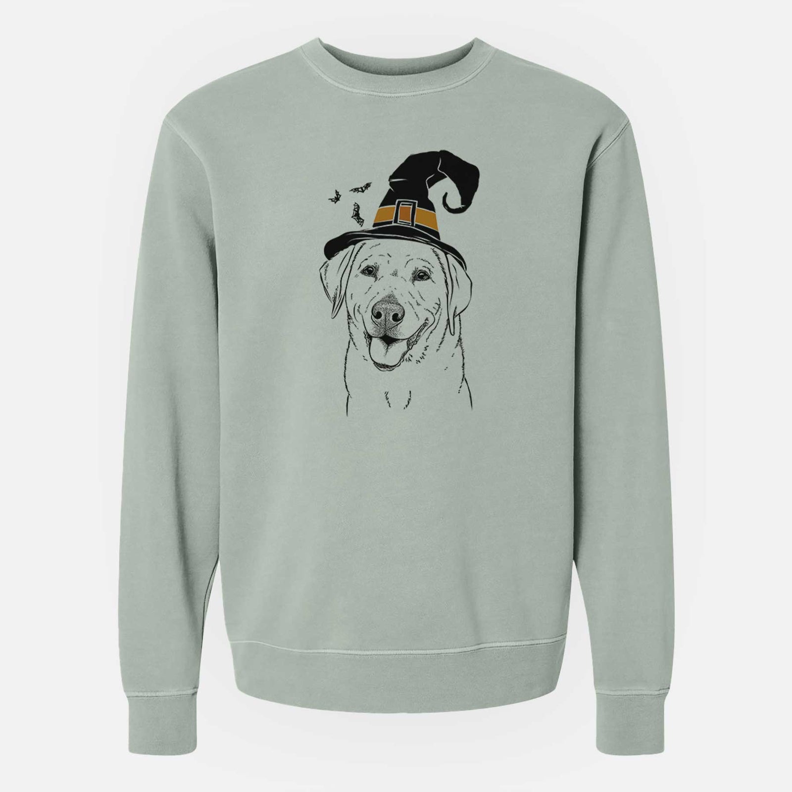 Hand-drawn sketch of Sanford the Labrador Retriever wearing a witch hat on a Sage Unisex pigment dyed crew sweatshirt