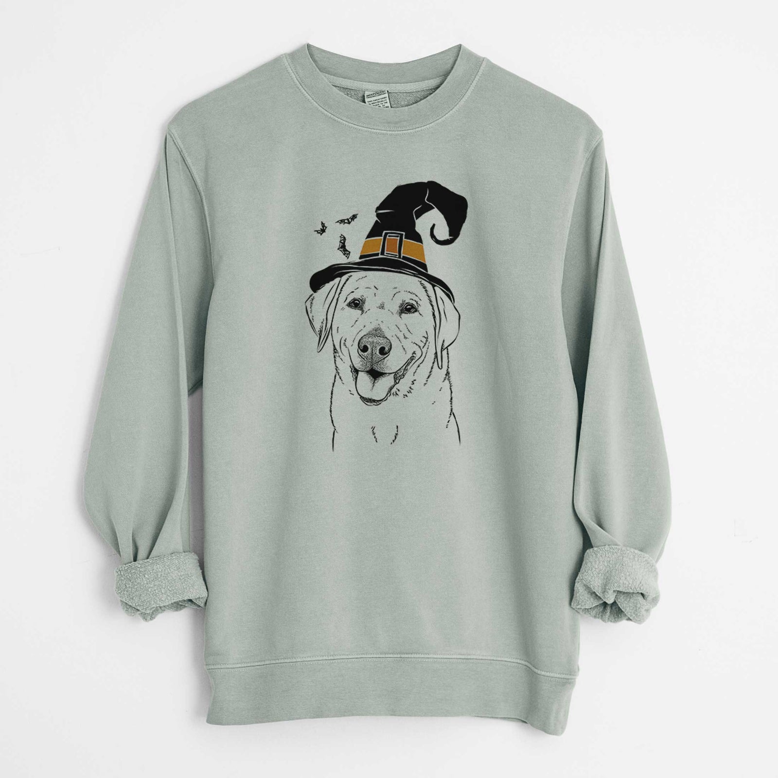 Hand-drawn sketch of Sanford the Labrador Retriever wearing a witch hat on a Sage Unisex pigment dyed crew sweatshirt