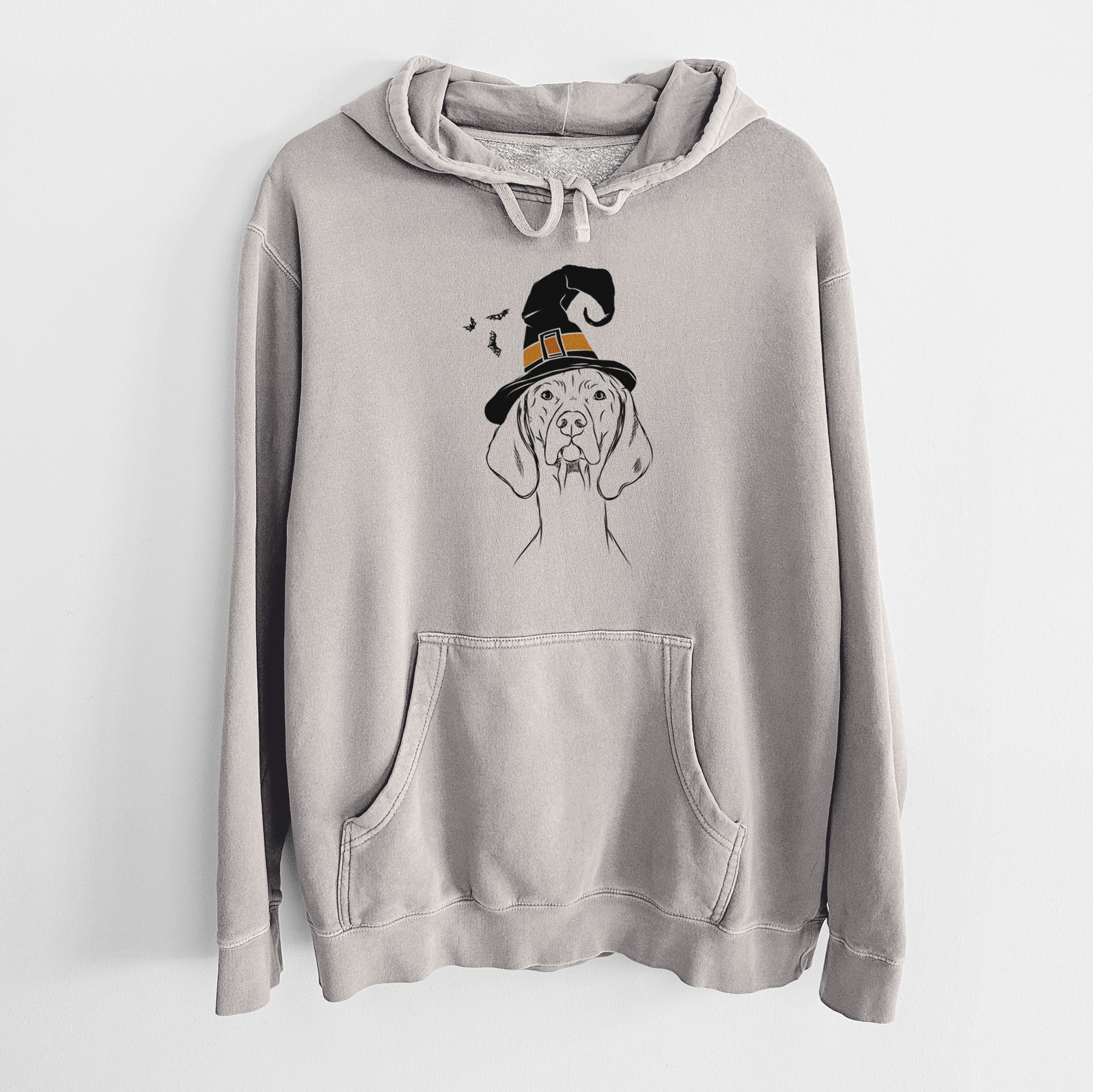 Hand-drawn sketch of Sawyer the Vizsla wearing a witch hat on a Cement Unisex pigment dyed hoodie