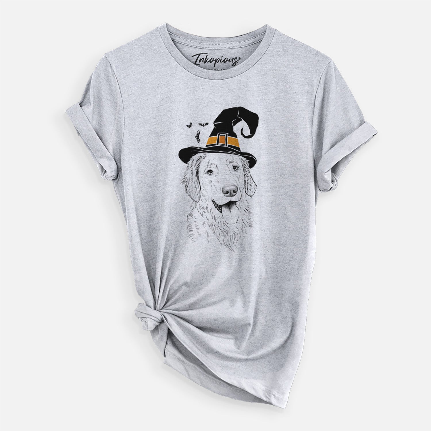 Hand-drawn sketch of Semba the Golden Retriever wearing a witch hat on a Grey Unisex crewneck