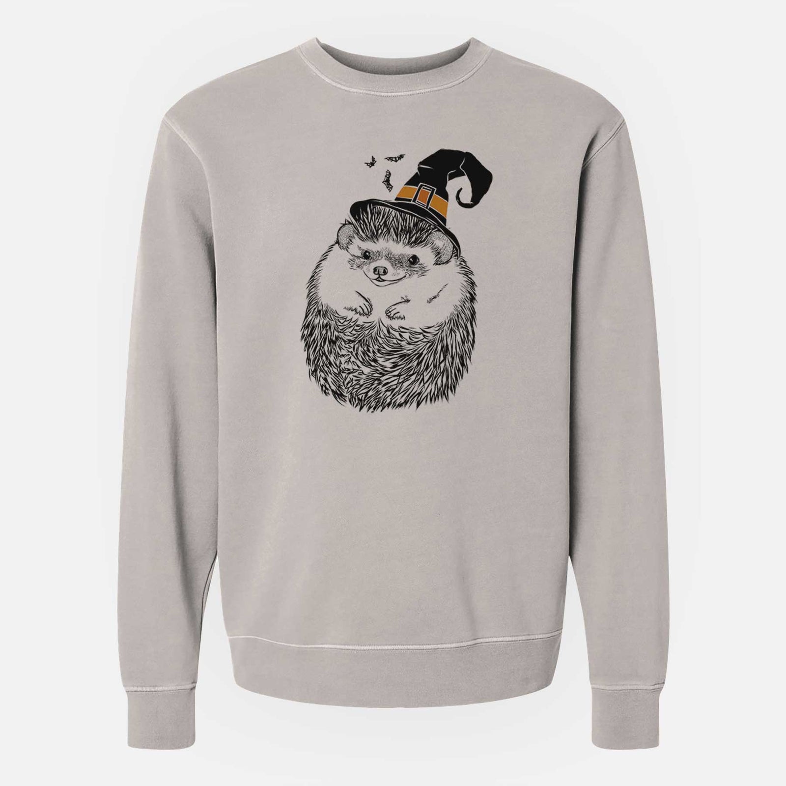 Hand-drawn sketch of Sid the Hedgehog wearing a witch hat on a Cement Unisex pigment dyed crew sweatshirt