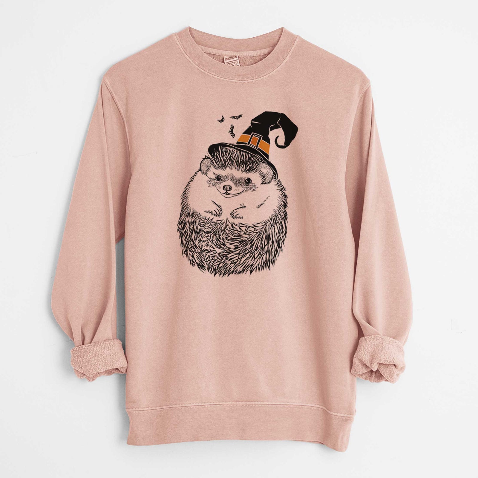 Hand-drawn sketch of Sid the Hedgehog wearing a witch hat on a Dusty Pink Unisex pigment dyed crew sweatshirt