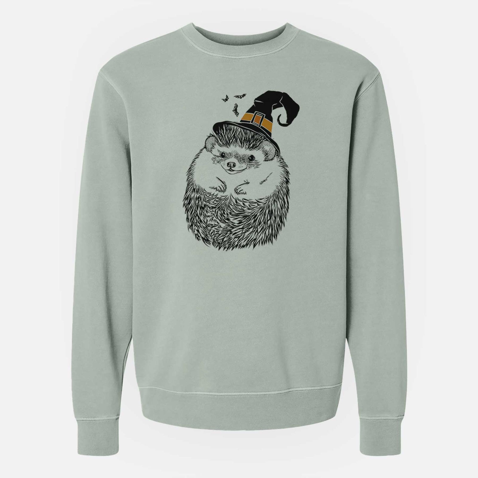 Hand-drawn sketch of Sid the Hedgehog wearing a witch hat on a Sage Unisex pigment dyed crew sweatshirt