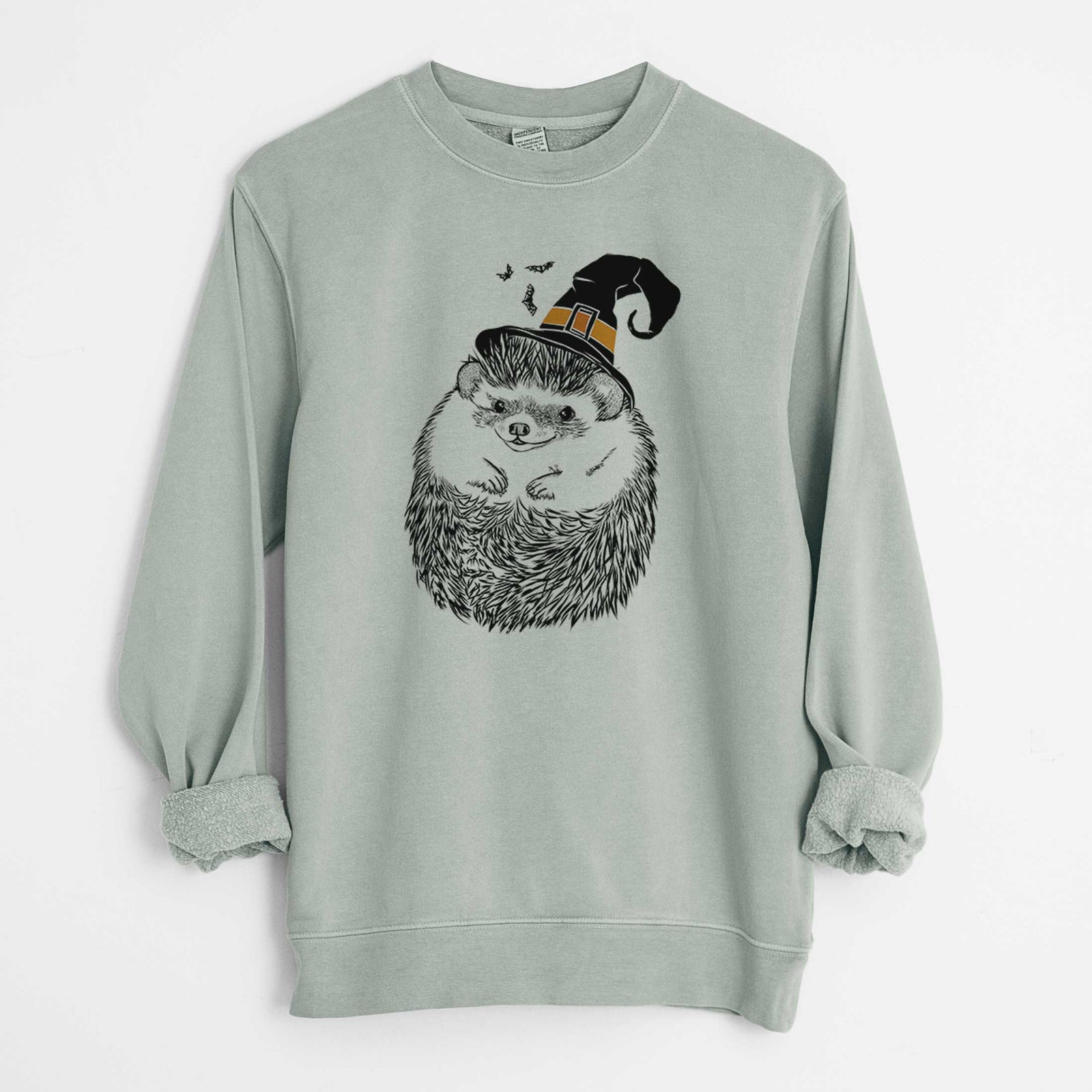 Hand-drawn sketch of Sid the Hedgehog wearing a witch hat on a Sage Unisex pigment dyed crew sweatshirt
