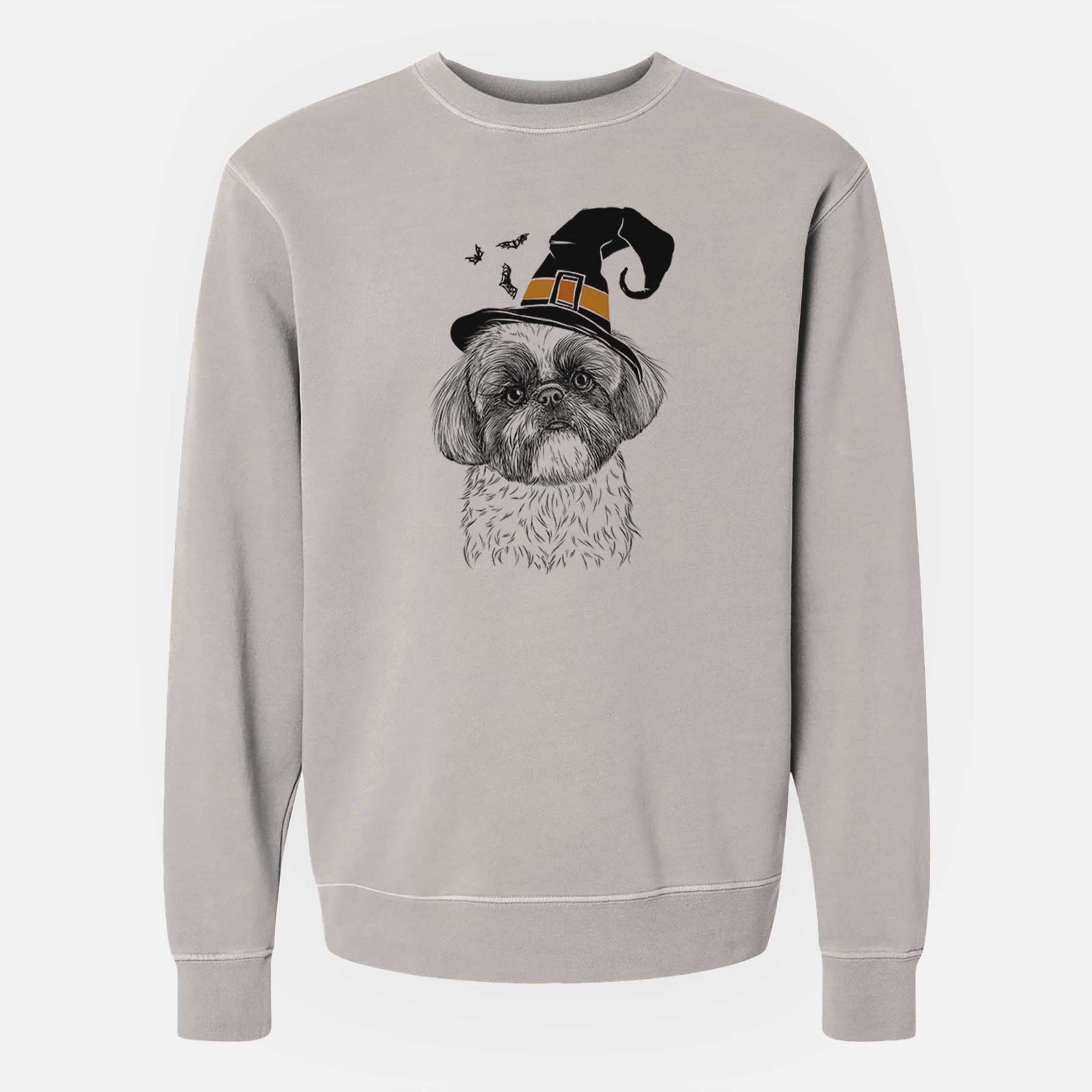 Hand-drawn sketch of Simon the Shih Tzu wearing a witch hat on a Cement Unisex pigment dyed crew sweatshirt