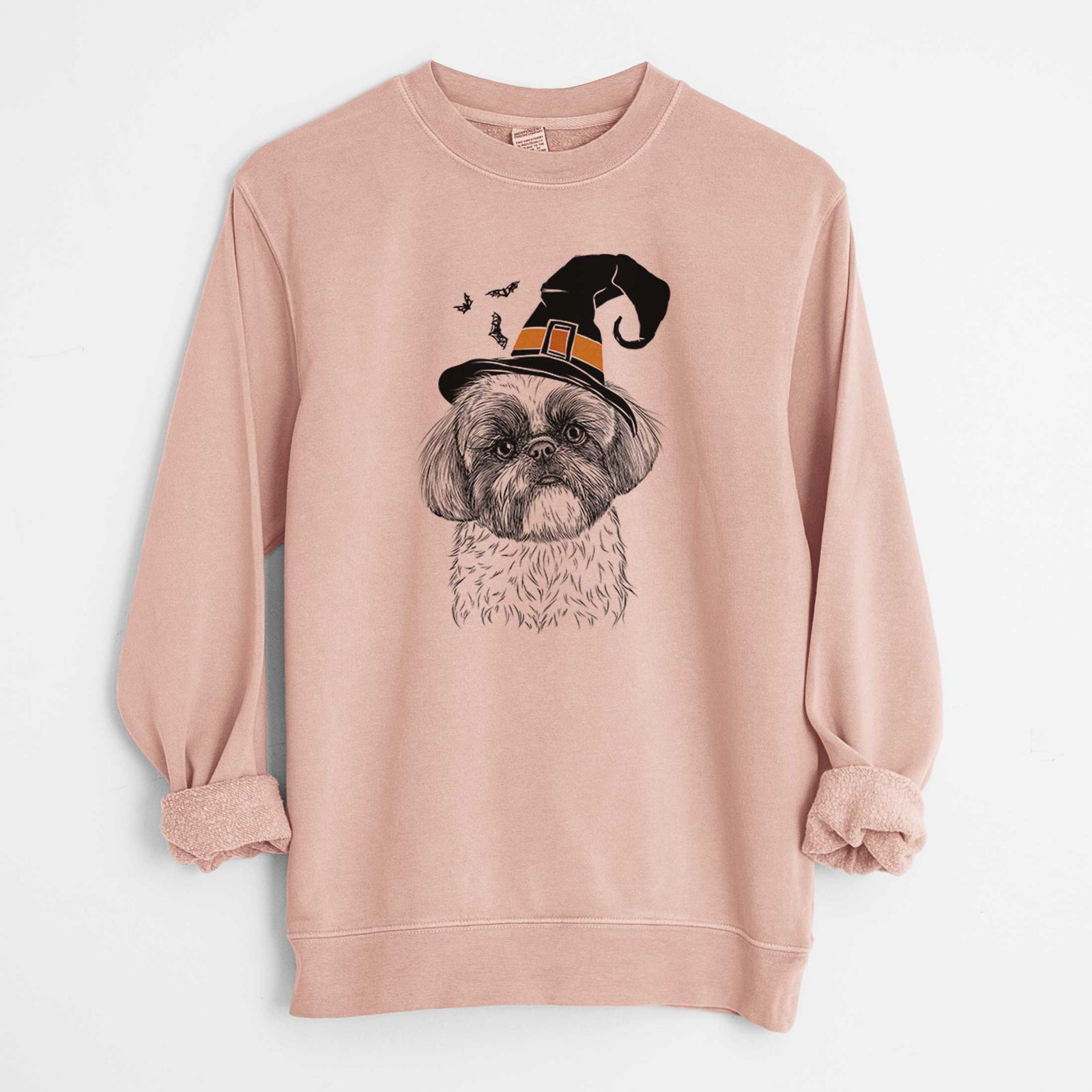 Hand-drawn sketch of Simon the Shih Tzu wearing a witch hat on a Dusty Pink Unisex pigment dyed crew sweatshirt