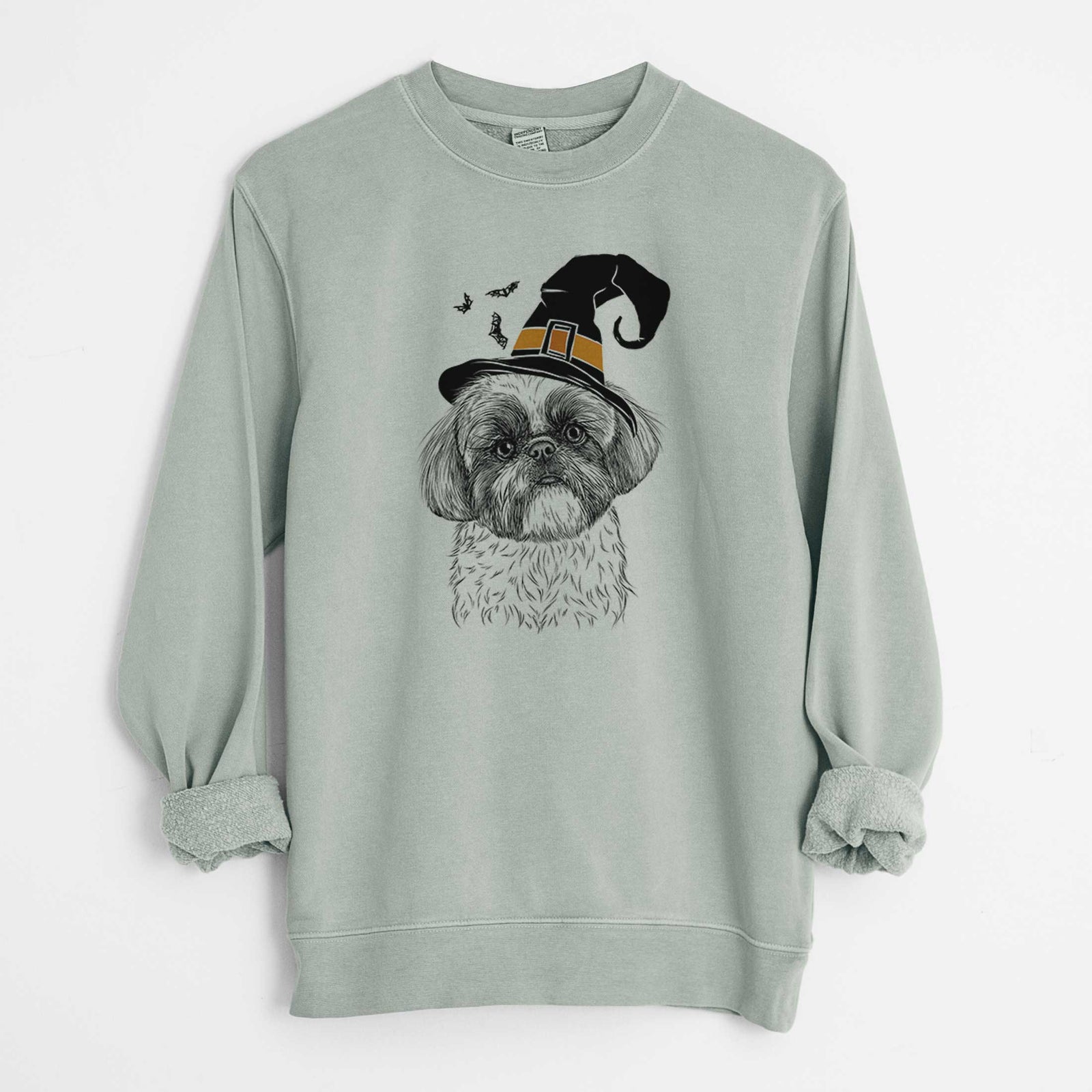 Hand-drawn sketch of Simon the Shih Tzu wearing a witch hat on a Sage Unisex pigment dyed crew sweatshirt