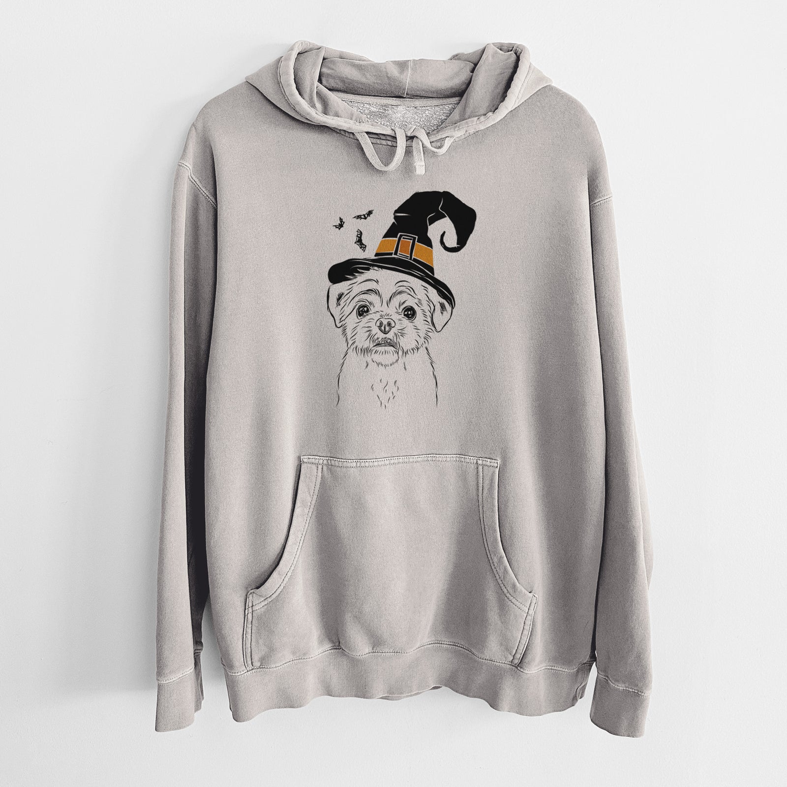 Hand-drawn sketch of Smash the Shih Tzu wearing a witch hat on a Cement Unisex pigment dyed hoodie
