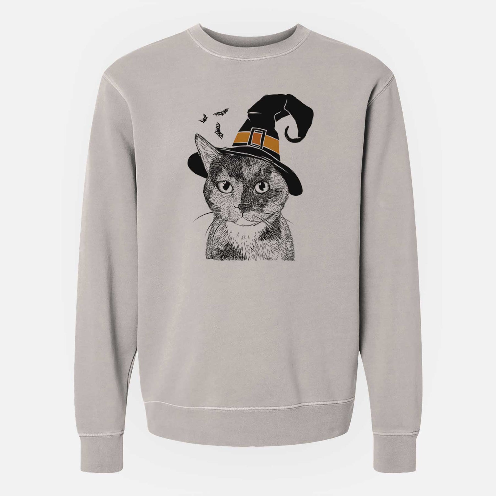 Hand-drawn sketch of Spooky Kitty the Tortoiseshell Cat wearing a witch hat on a Cement Unisex pigment dyed crew sweatshirt