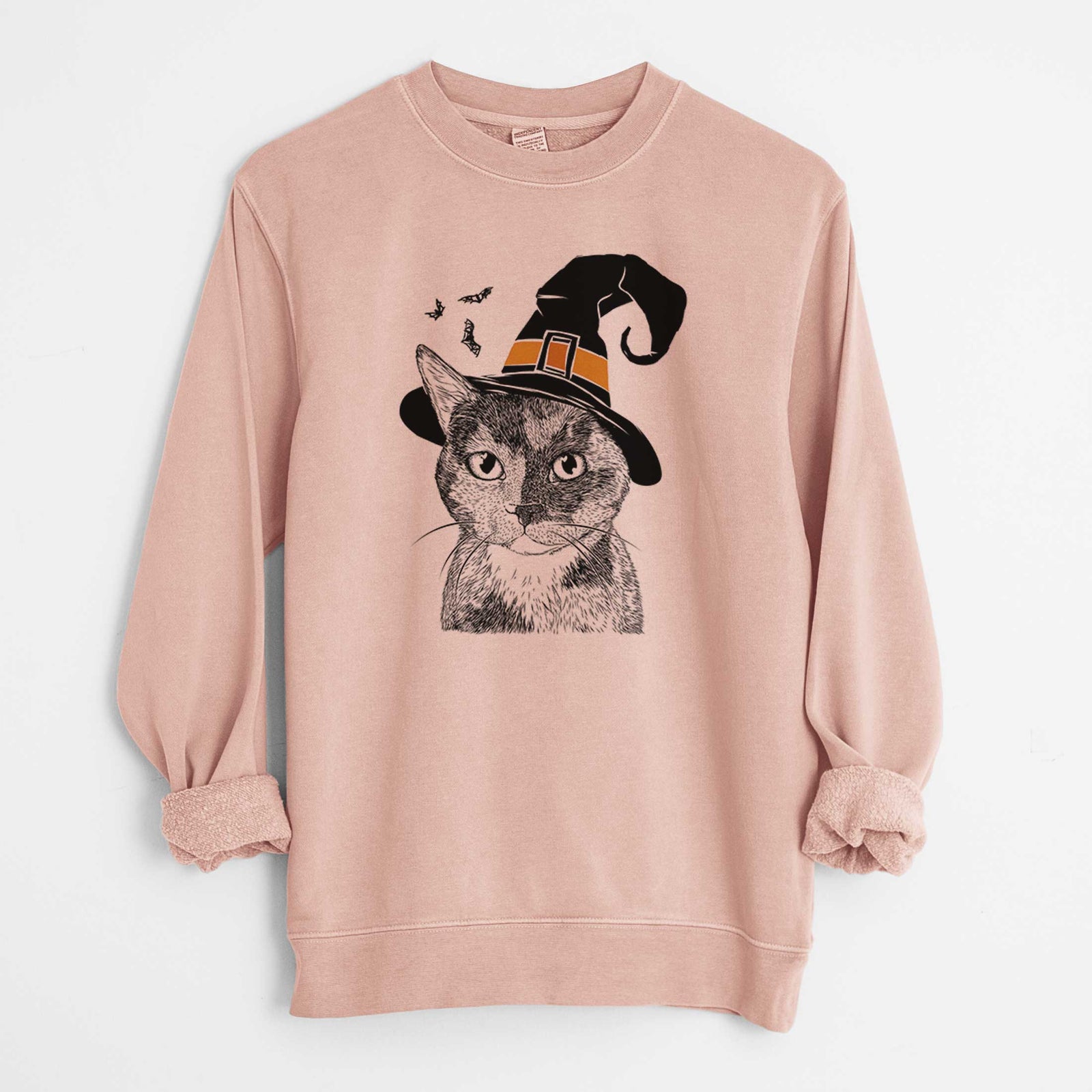 Hand-drawn sketch of Spooky Kitty the Tortoiseshell Cat wearing a witch hat on a Dusty Pink Unisex pigment dyed crew sweatshirt