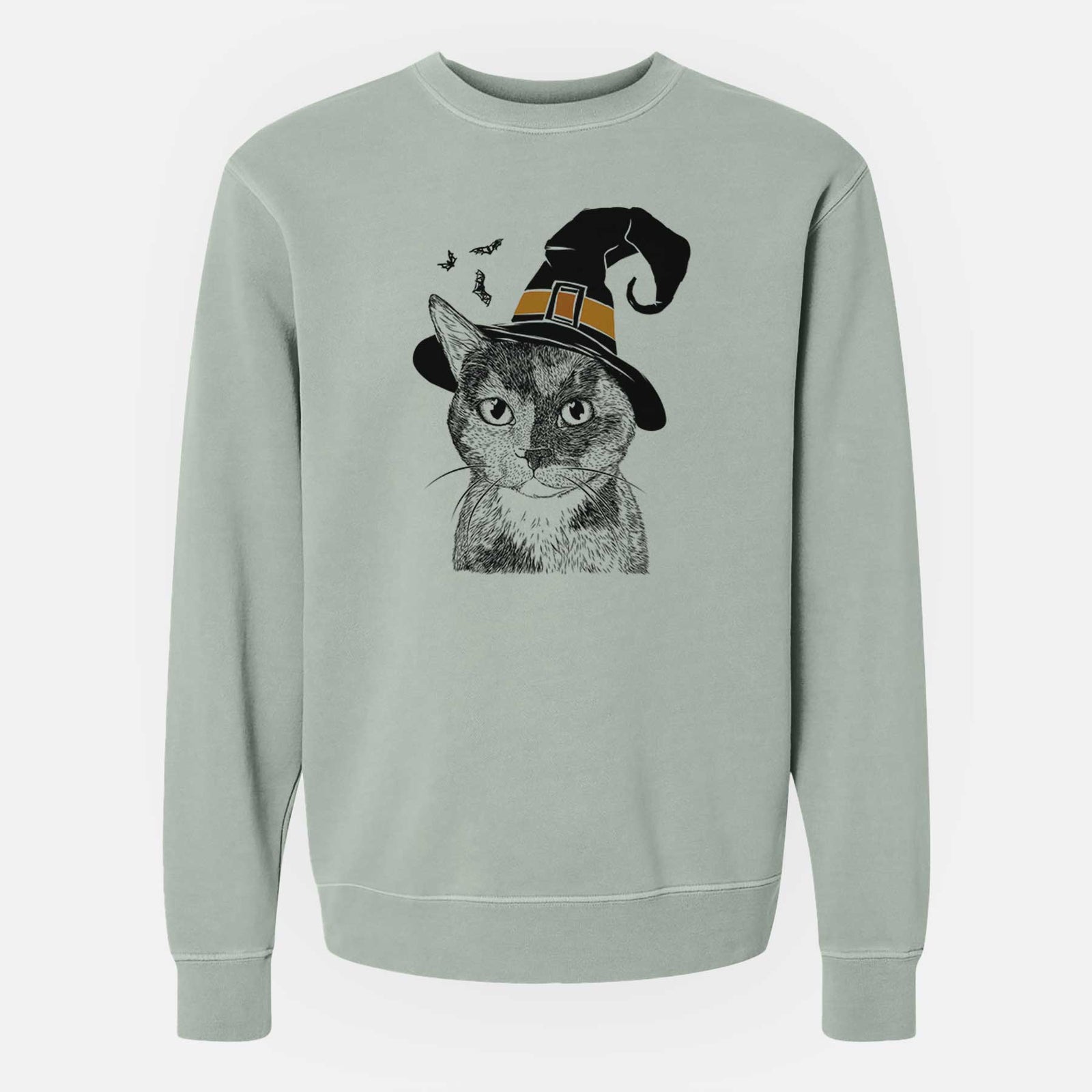 Hand-drawn sketch of Spooky Kitty the Tortoiseshell Cat wearing a witch hat on a Sage Unisex pigment dyed crew sweatshirt
