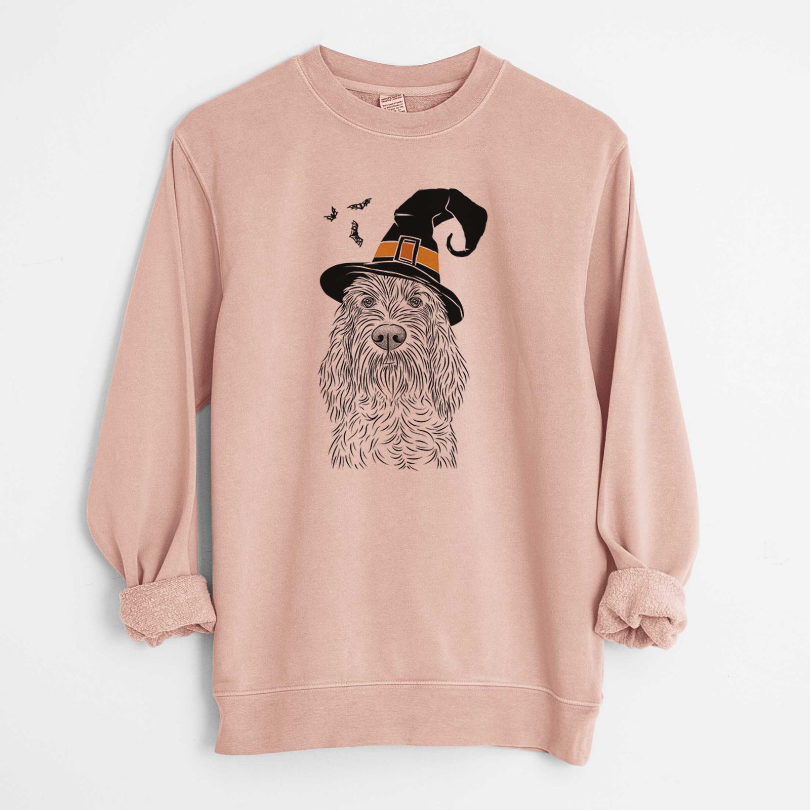 Hand-drawn sketch of Stefano the Spinone Italiano wearing a witch hat on a Dusty Pink Unisex pigment dyed crew sweatshirt