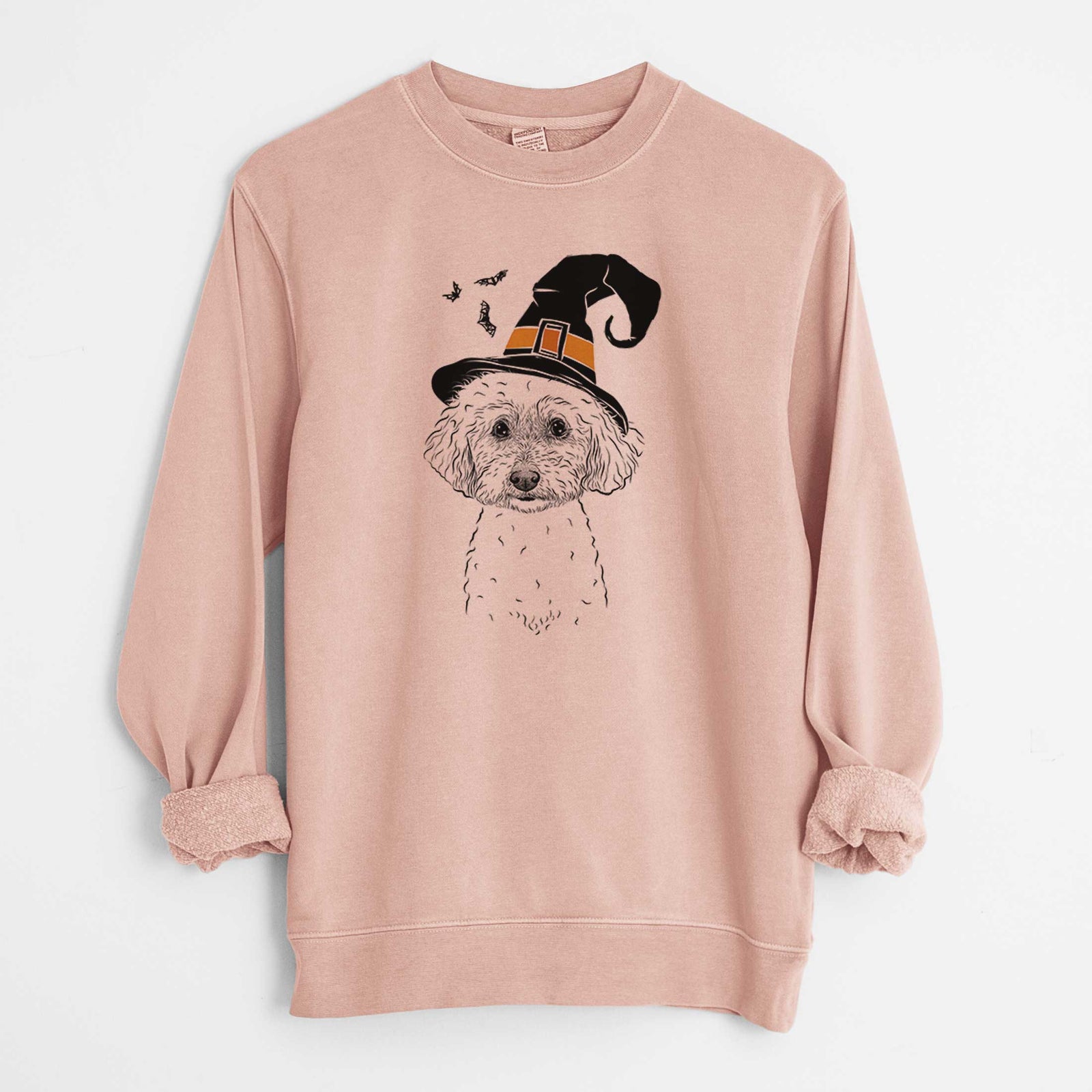 Hand-drawn sketch of Stitch the Bichonpoo wearing a witch hat on a Dusty Pink Unisex pigment dyed crew sweatshirt