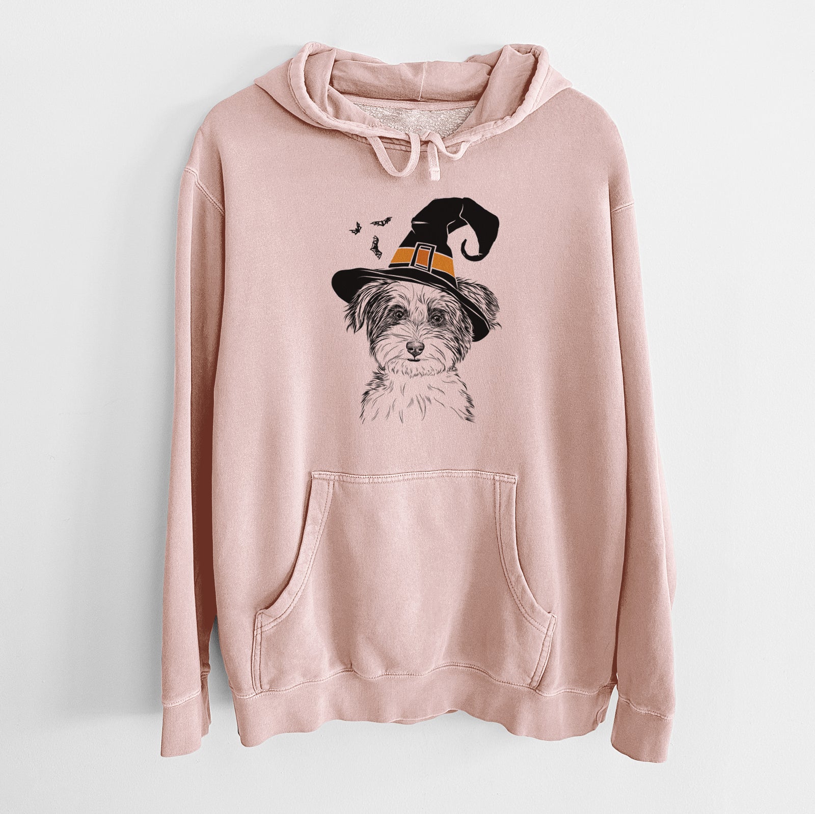 Hand-drawn sketch of Teddy the Havanese wearing a witch hat on a Dusty Pink Unisex pigment dyed hoodie