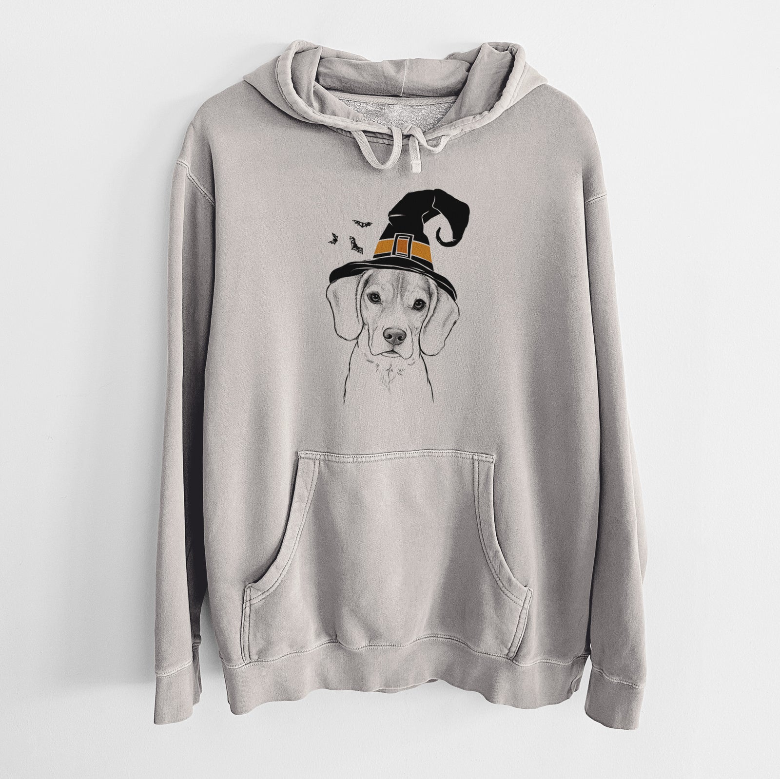 Hand-drawn sketch of Thea the Beagle wearing a witch hat on a Cement Unisex pigment dyed hoodie
