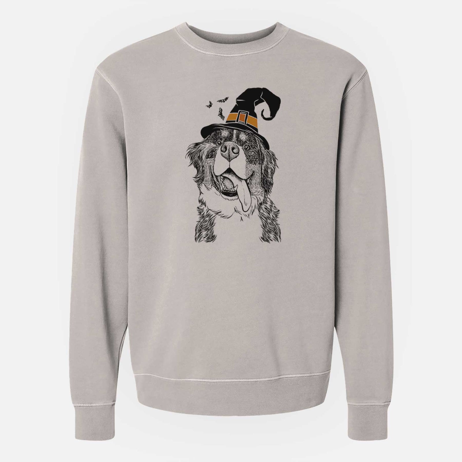 Hand-drawn sketch of Theo the Bernese Mountain Dog wearing a witch hat on a Cement Unisex pigment dyed crew sweatshirt