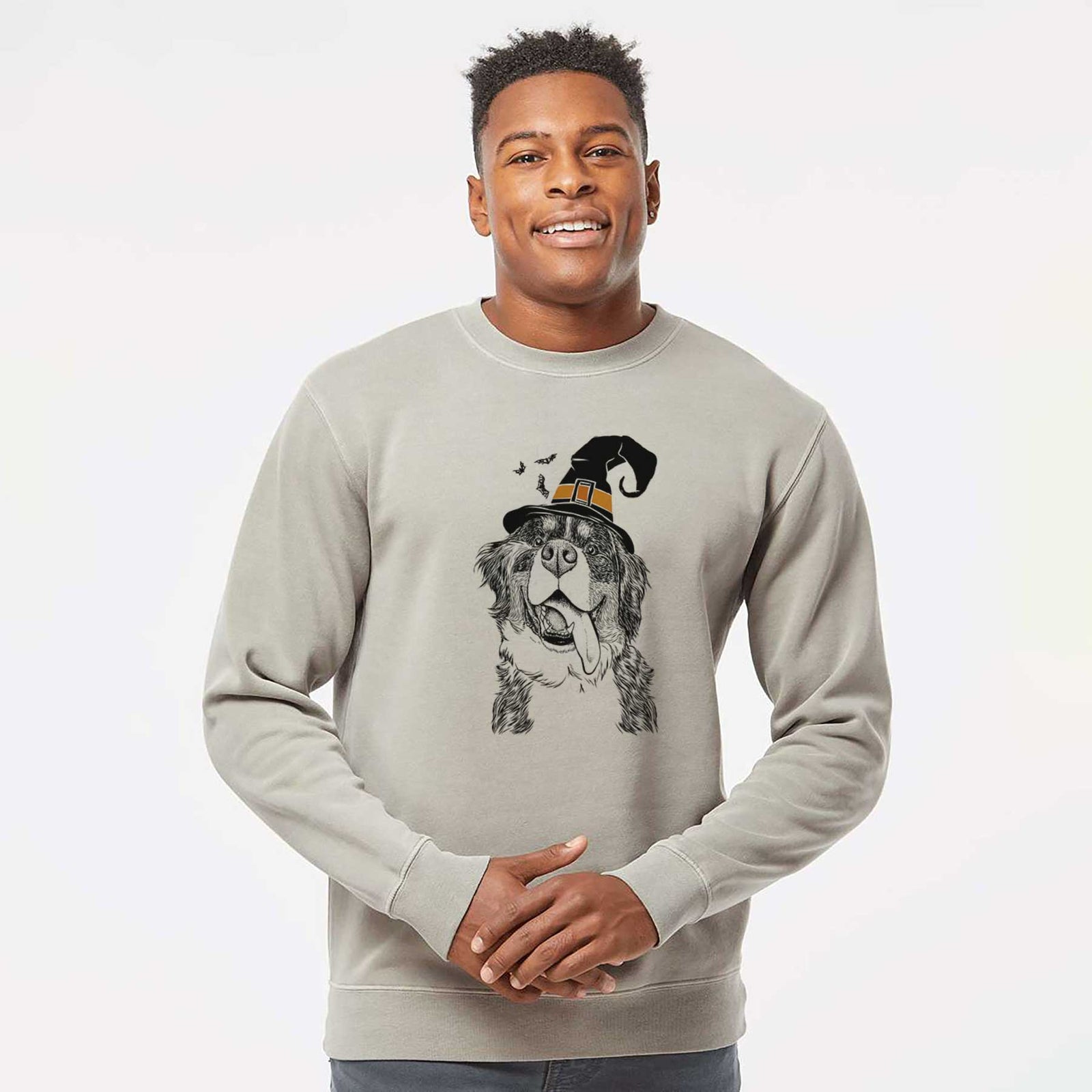 Hand-drawn sketch of Theo the Bernese Mountain Dog wearing a witch hat on a Cement Unisex pigment dyed crew sweatshirt