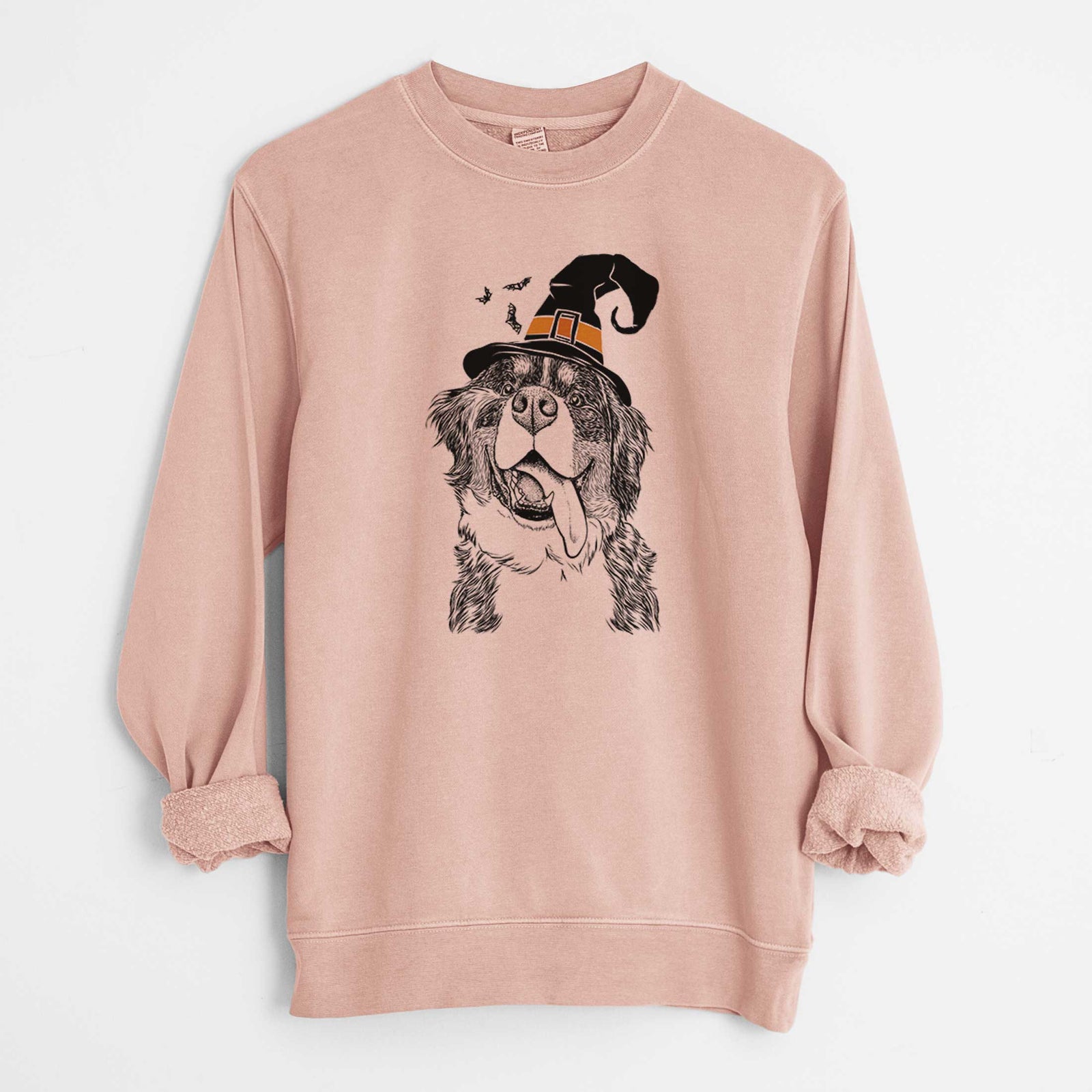 Hand-drawn sketch of Theo the Bernese Mountain Dog wearing a witch hat on a Dusty Pink Unisex pigment dyed crew sweatshirt
