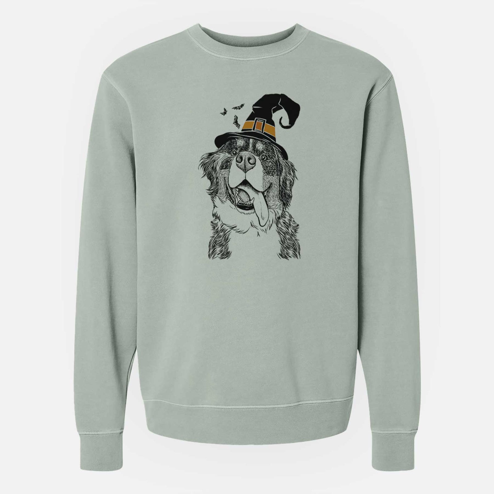 Hand-drawn sketch of Theo the Bernese Mountain Dog wearing a witch hat on a Sage Unisex pigment dyed crew sweatshirt