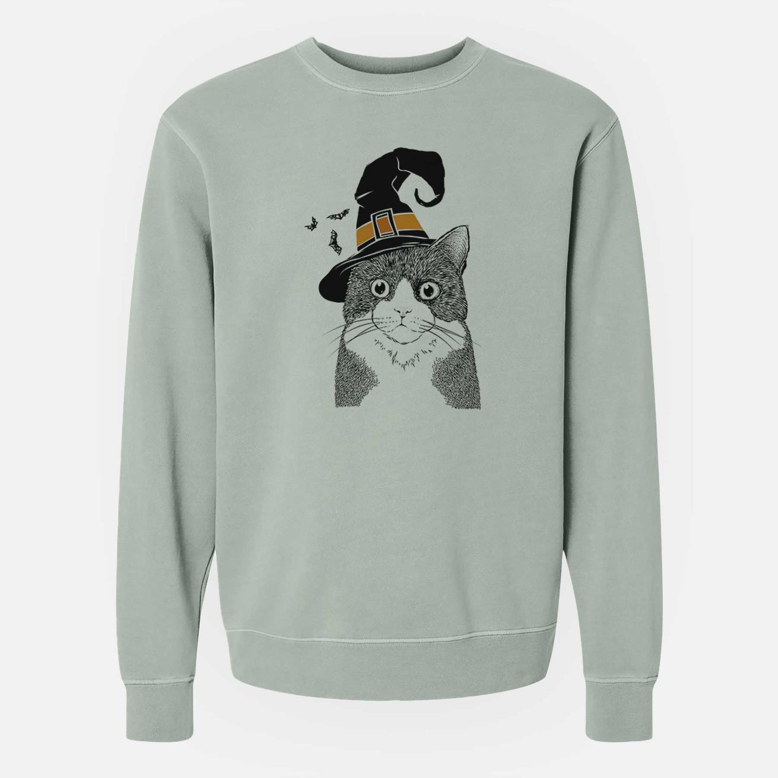 Hand-drawn sketch of Tux the Tuxedo Cat wearing a witch hat on a Sage Unisex pigment dyed crew sweatshirt