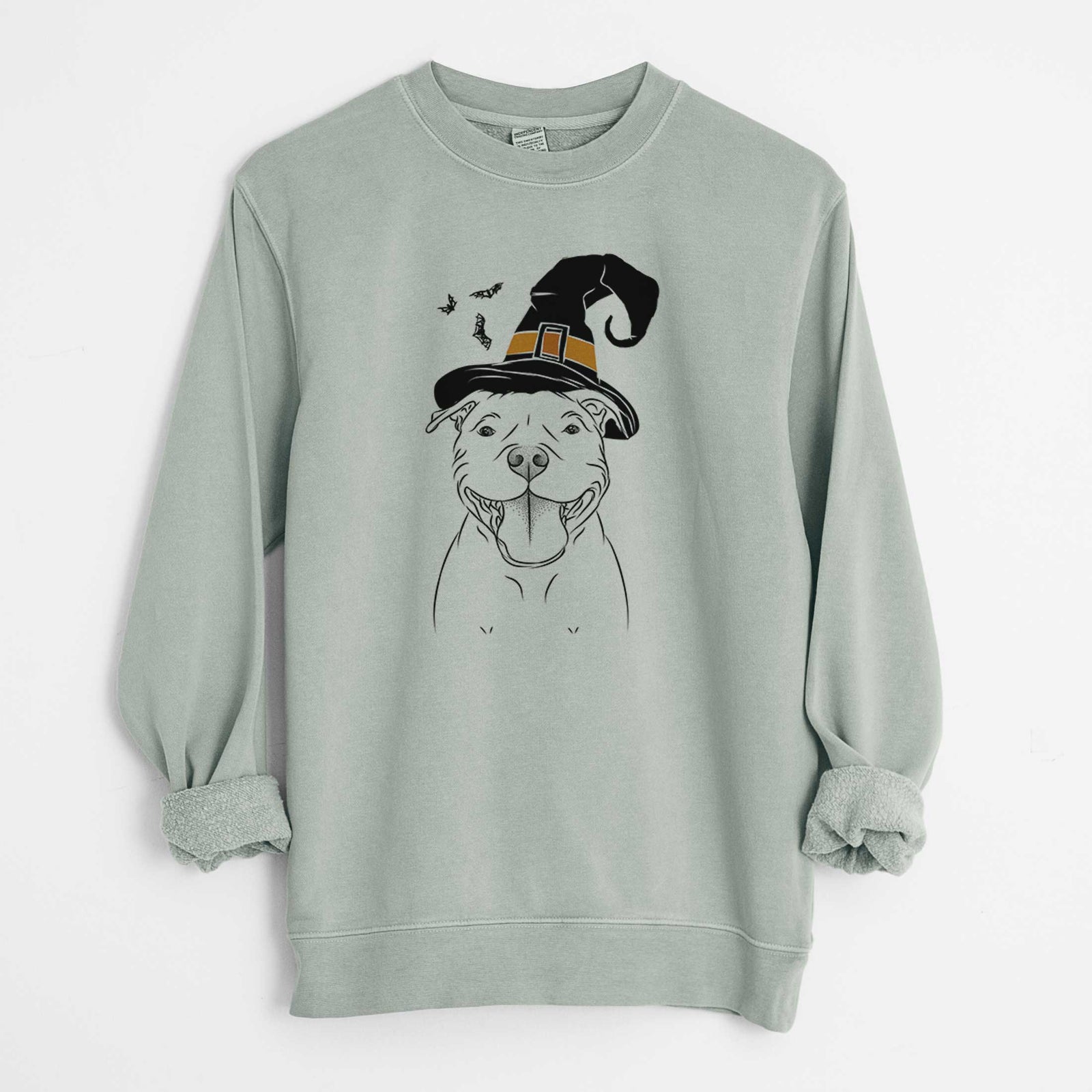 Hand-drawn sketch of Wafer the Staffordshire Bull Terrier wearing a witch hat on a Sage Unisex pigment dyed crew sweatshirt