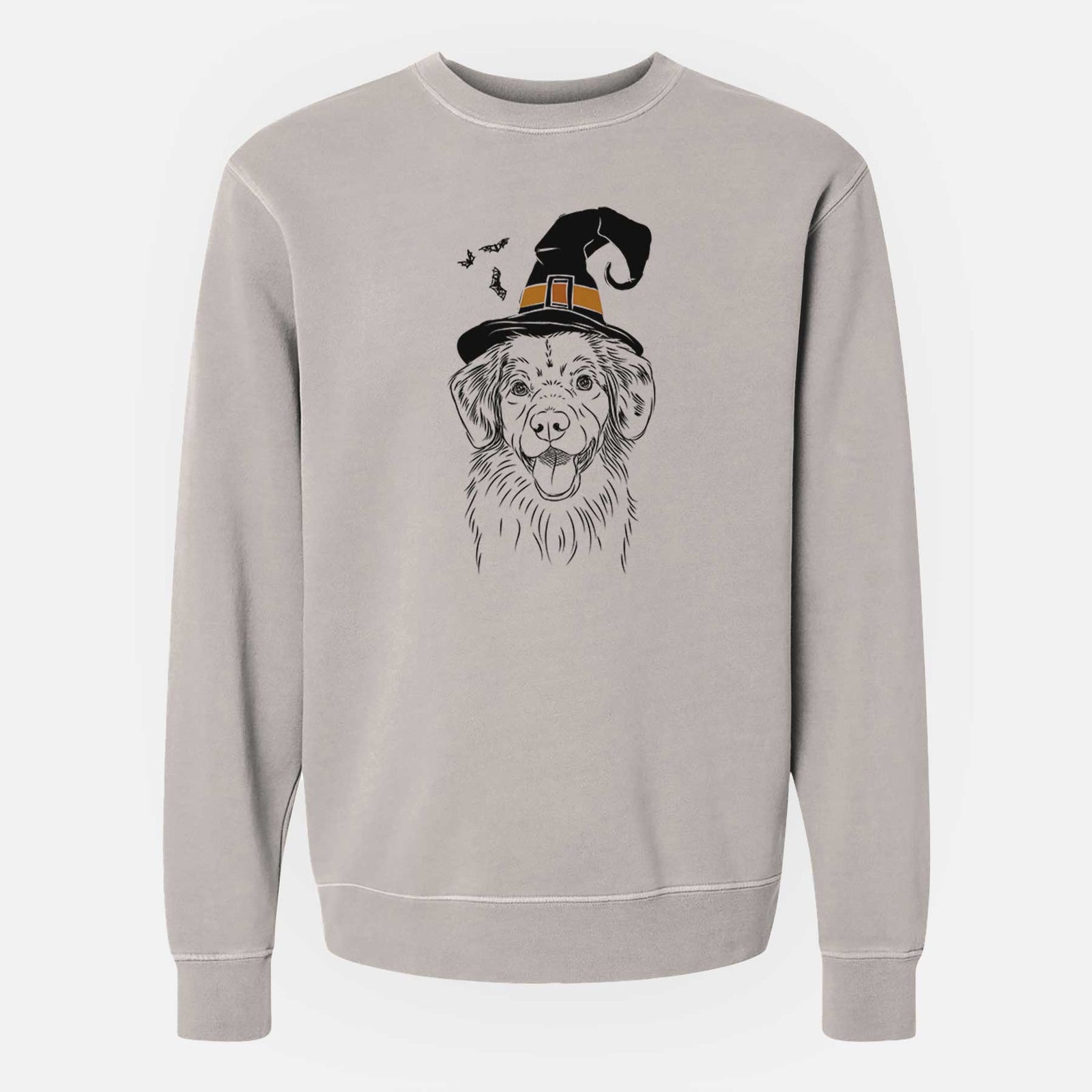 Hand-drawn sketch of Weston the Nova Scotia Duck Tolling Retriever wearing a witch hat on a Cement Unisex pigment dyed crew sweatshirt