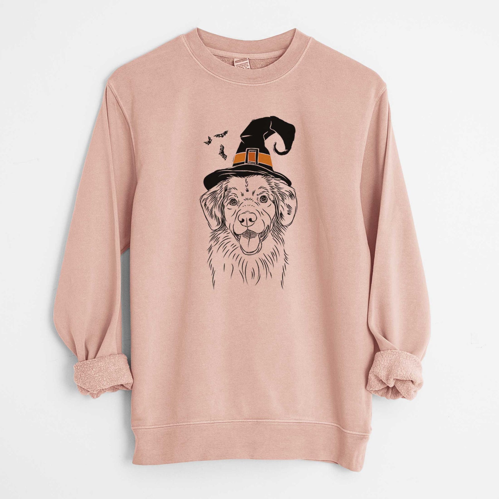 Hand-drawn sketch of Weston the Nova Scotia Duck Tolling Retriever wearing a witch hat on a Dusty Pink Unisex pigment dyed crew sweatshirt