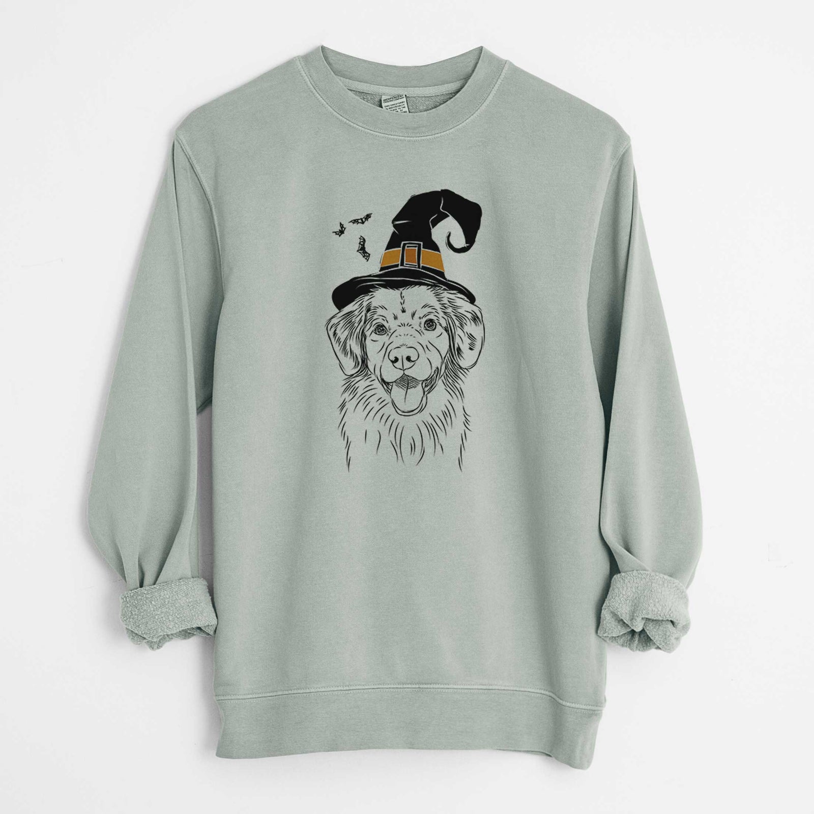 Hand-drawn sketch of Weston the Nova Scotia Duck Tolling Retriever wearing a witch hat on a Sage Unisex pigment dyed crew sweatshirt