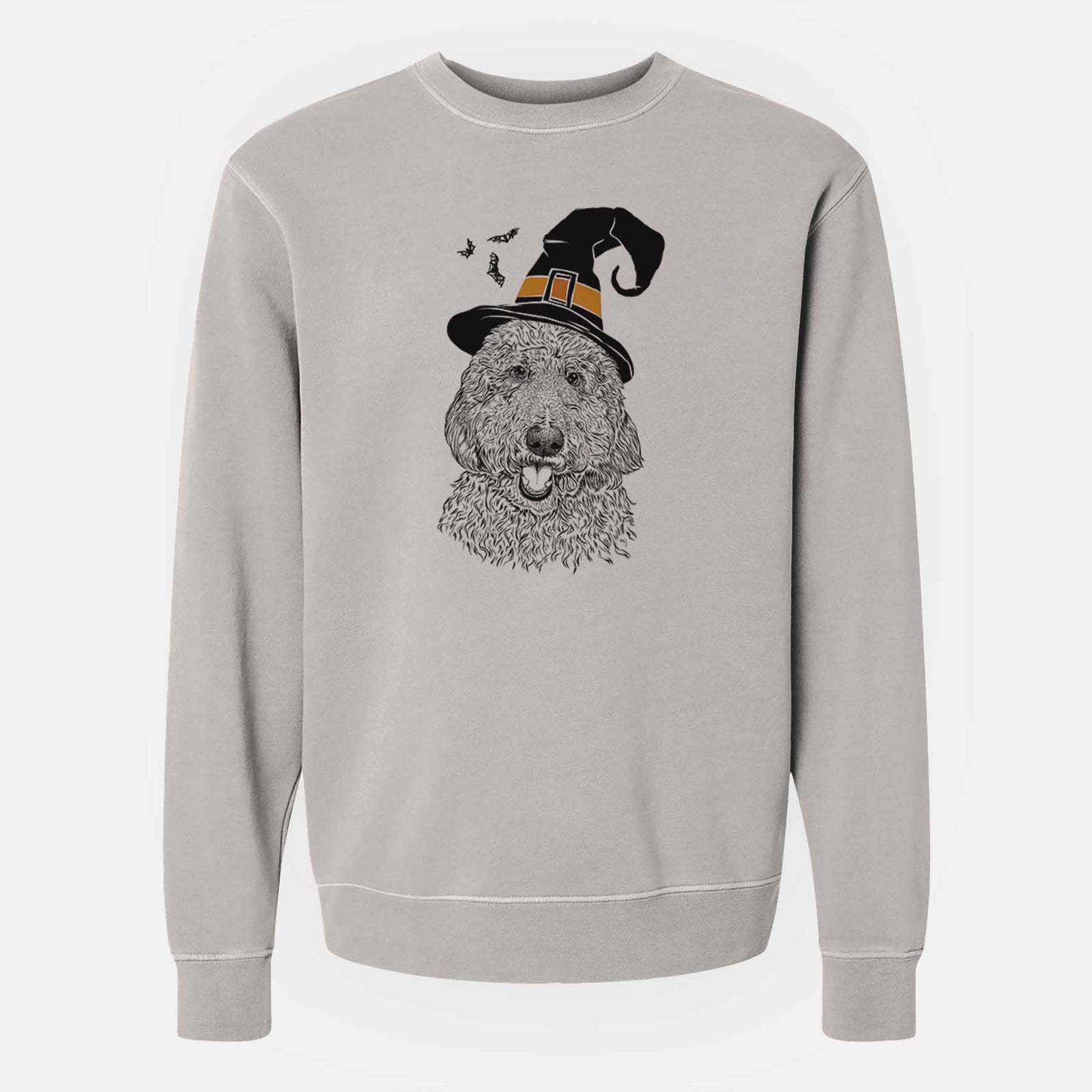 Hand-drawn sketch of Whisper the Goldendoodle wearing a witch hat on a Cement Unisex pigment dyed crew sweatshirt