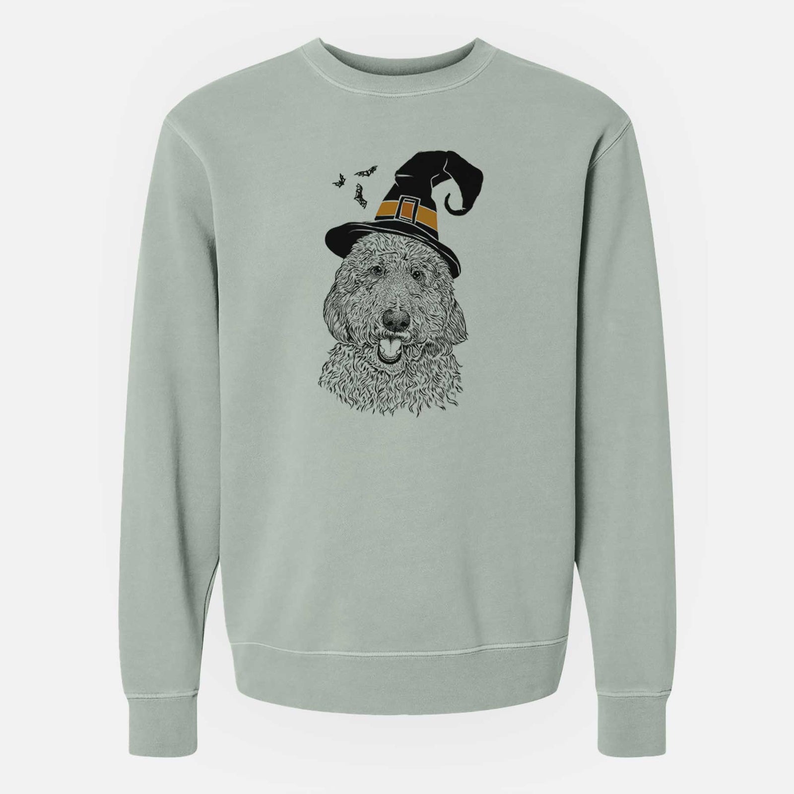 Hand-drawn sketch of Whisper the Goldendoodle wearing a witch hat on a Sage Unisex pigment dyed crew sweatshirt