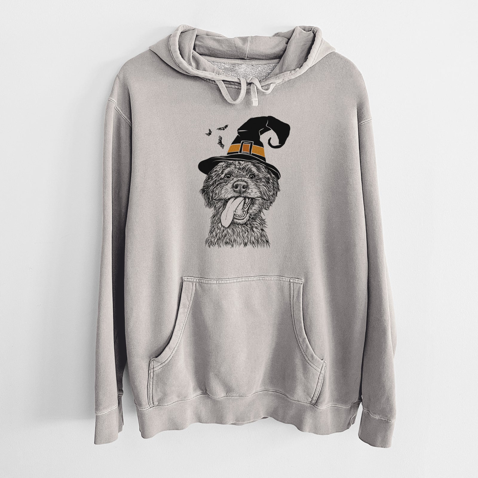 Hand-drawn sketch of Winnie the Mini Aussiedoodle wearing a witch hat on a Cement Unisex pigment dyed hoodie