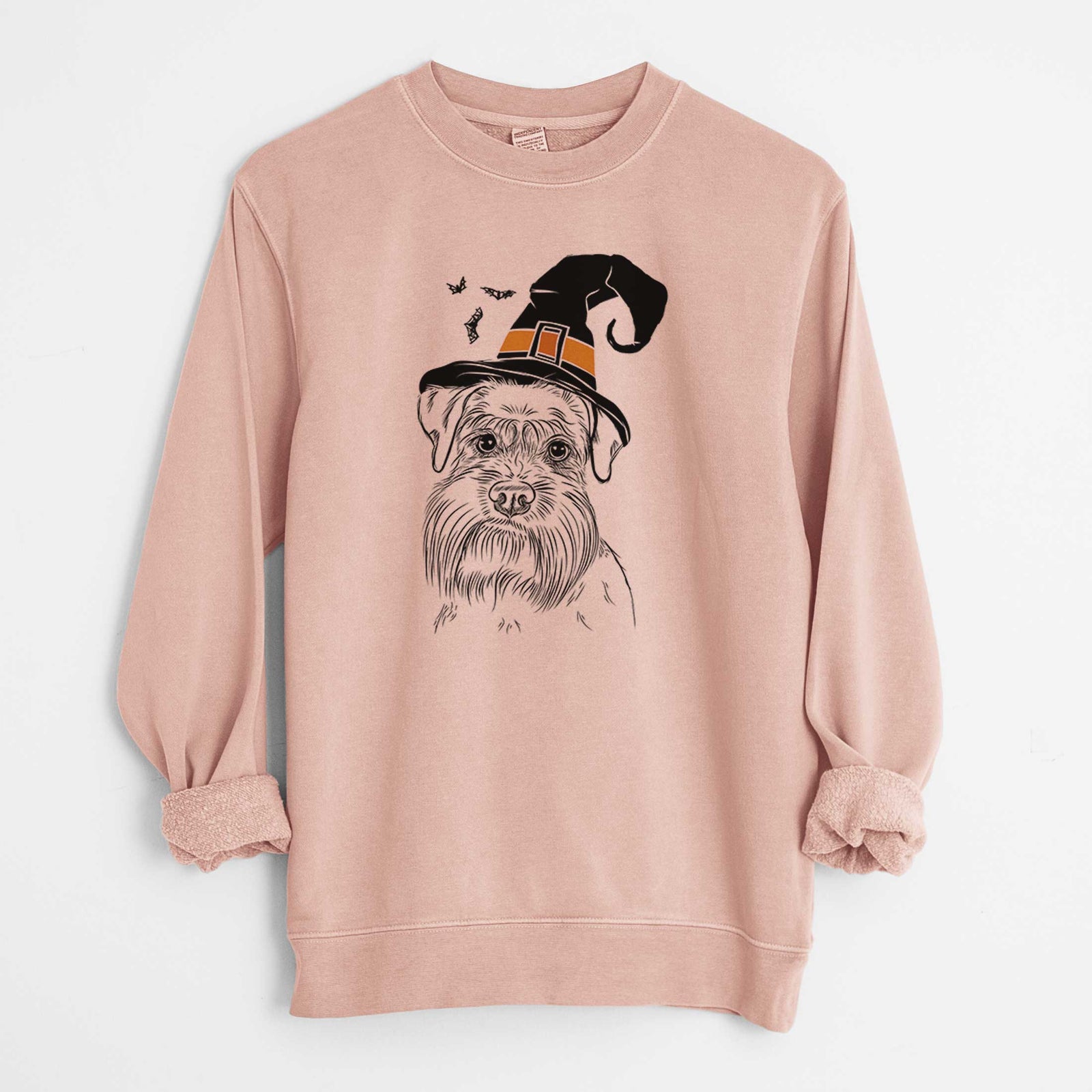 Hand-drawn sketch of Wrigley the Schnauzer wearing a witch hat on a Dusty Pink Unisex pigment dyed crew sweatshirt