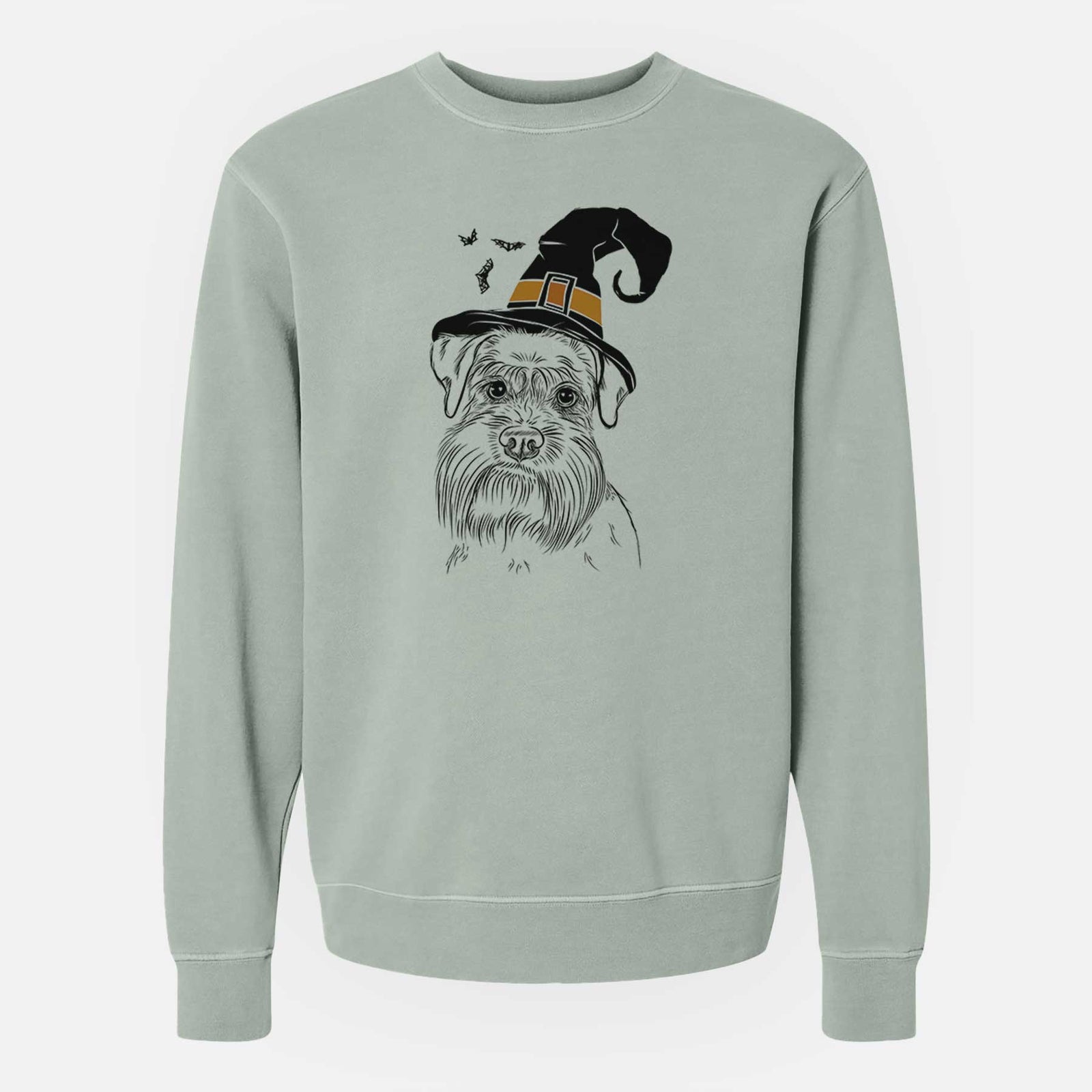 Hand-drawn sketch of Wrigley the Schnauzer wearing a witch hat on a Sage Unisex pigment dyed crew sweatshirt