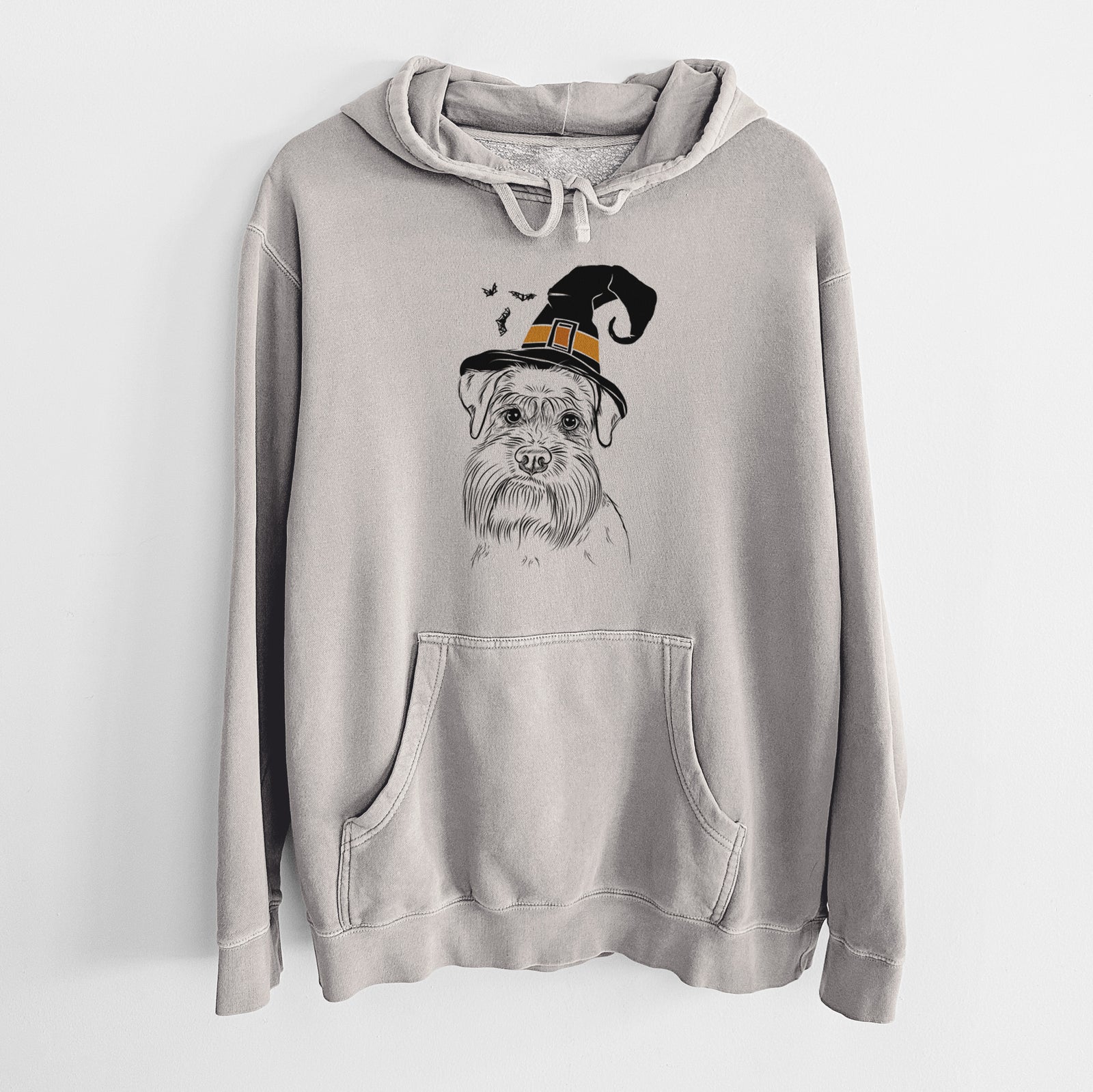 Hand-drawn sketch of Wrigley the Schnauzer wearing a witch hat on a Cement Unisex pigment dyed hoodie