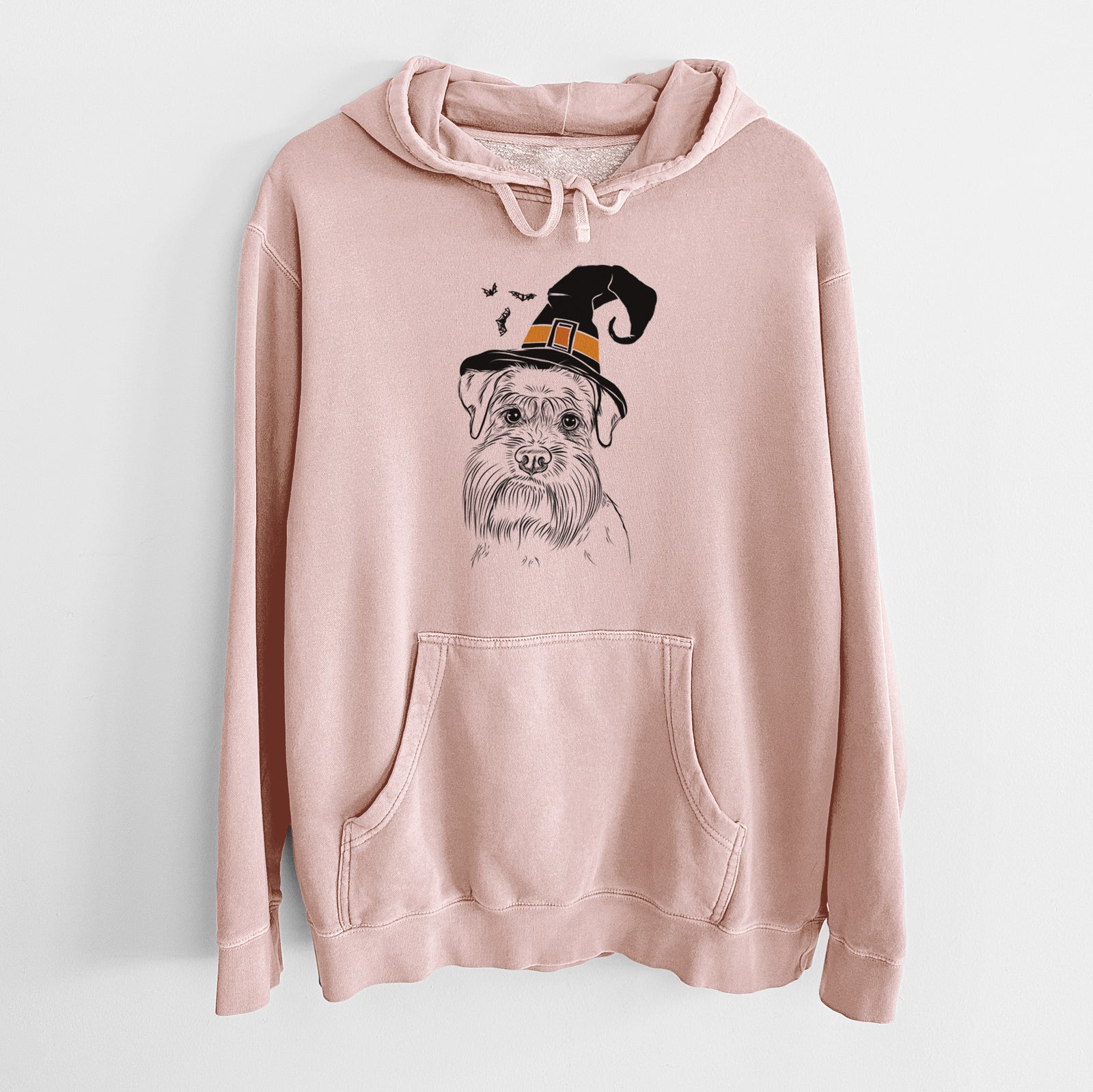 Hand-drawn sketch of Wrigley the Schnauzer wearing a witch hat on a Dusty Pink Unisex pigment dyed hoodie