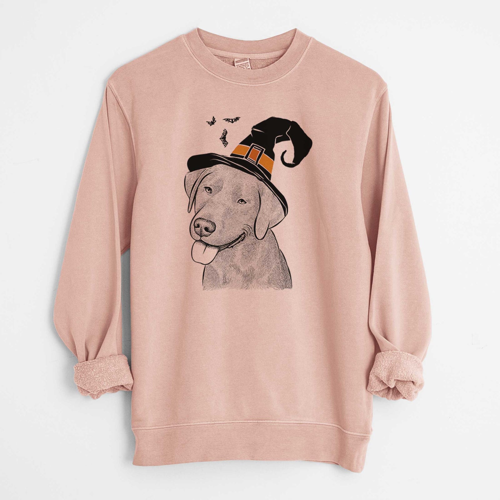 Hand-drawn sketch of Zeppelin the Black Labrador wearing a witch hat on a Dusty Pink Unisex pigment dyed crew sweatshirt