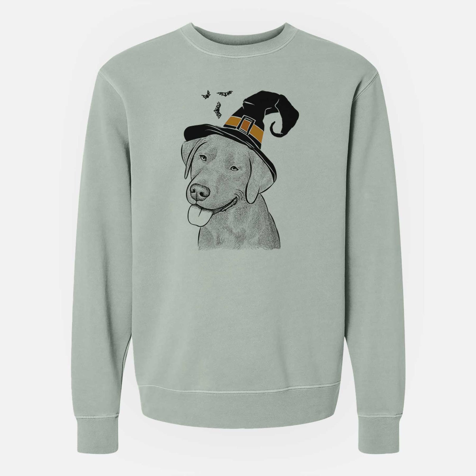 Hand-drawn sketch of Zeppelin the Black Labrador wearing a witch hat on a Sage Unisex pigment dyed crew sweatshirt