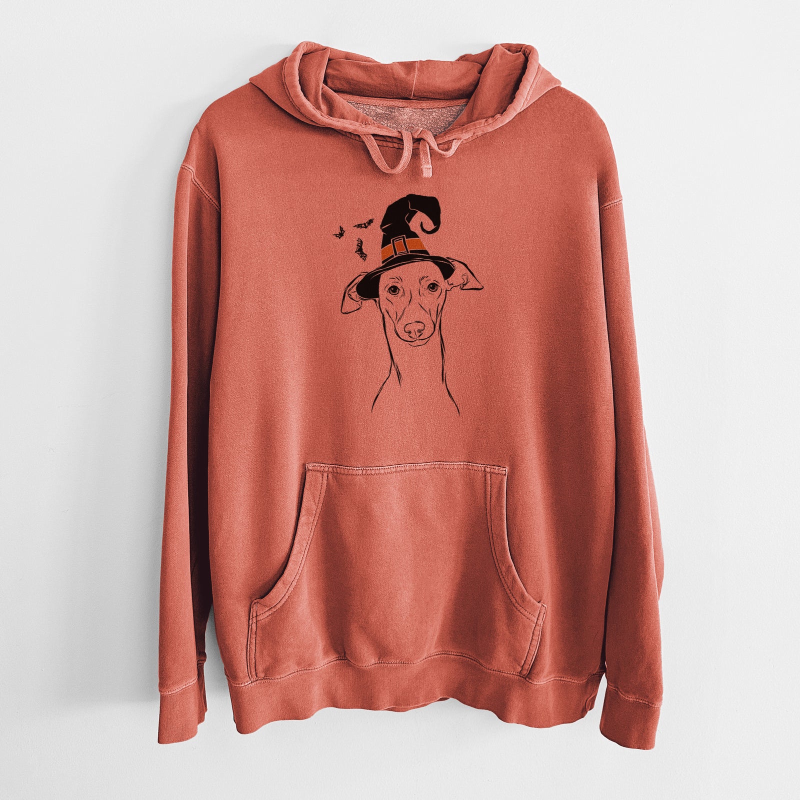 Hand-drawn sketch of Ziggie the Italian Greyhound wearing a witch hat on an Amber Unisex pigment dyed hoodie
